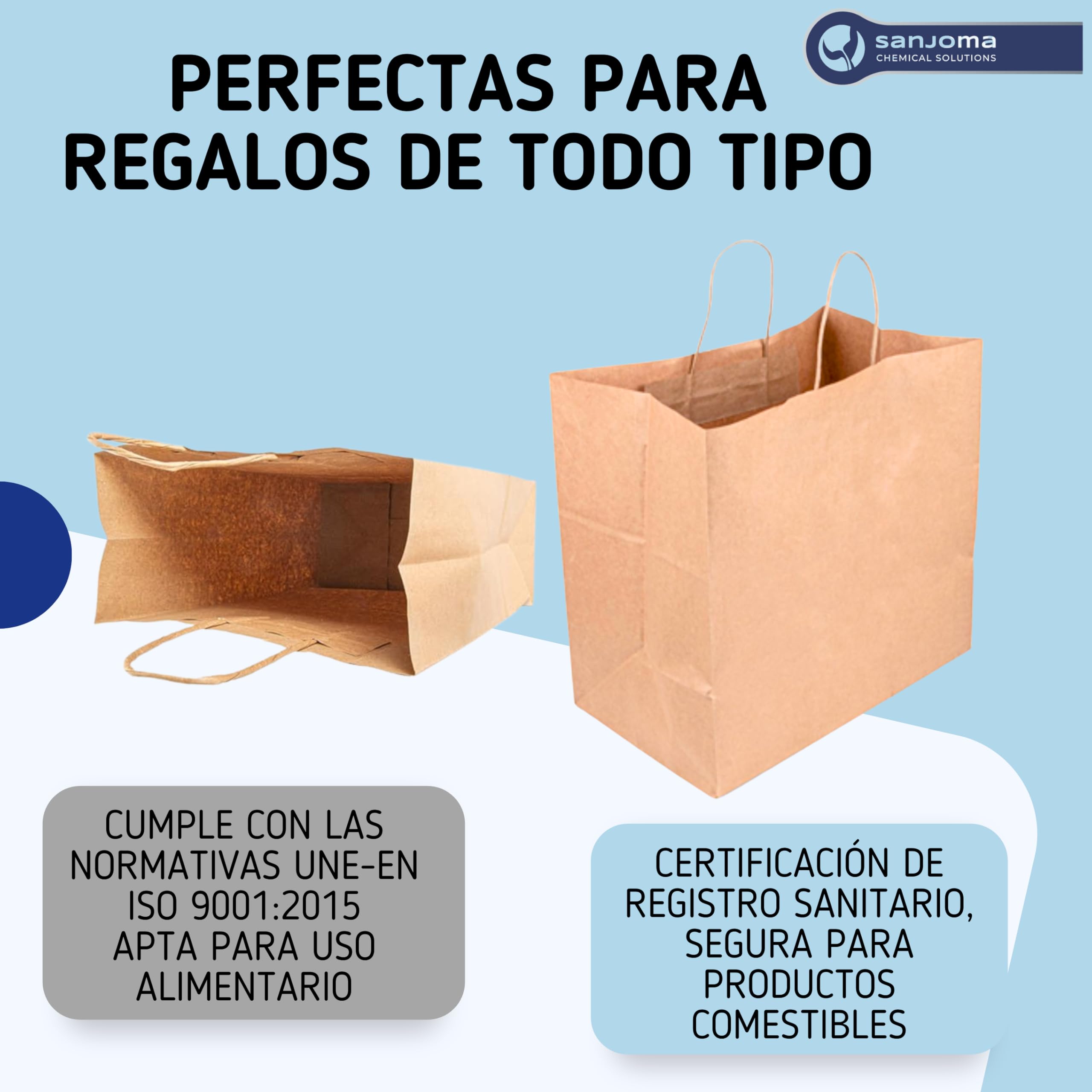 SANJOMA 250 Bolsas Catering Con Asas | Bolsas De Papel Kraft Natural | Biodegradables, Recicladas Y Reutilizables | Bolsas Con Asas Tamaño 18+21x28,5 Cm, Gramaje 90 G/M2 | Bolsas Papel Kraft Pequeñas