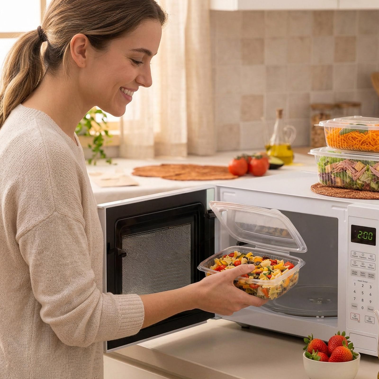 MAXI PRODUCT - 100 Unidades - Envases Alimentarios Plástico PP Reutilizables con Tapa Bisagra - 2000 cc - Apto para Microondas, Congelador y Lavavajillas - Tuppers para Alimentos Calientes o Fríos