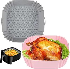 2 PCS Square Silicone Air Fryer Liners - 8 Inch Air Fryer Reusable Liners - Kitchen Accessories - AirFryer Inserts for 4 to 7 QT Oven Microwave Accessories (Grey + Pink)