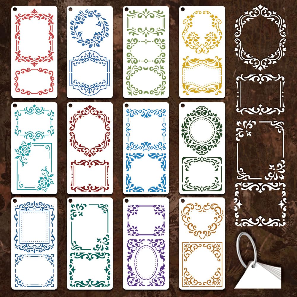 GOMAKERER 12 Sheets Ornate Frame Stencil for Painting, French Style Border Drawing Stencil Reusable PET Baroque Vintage Frames Templates for Painting on Wall Wood Home Decor