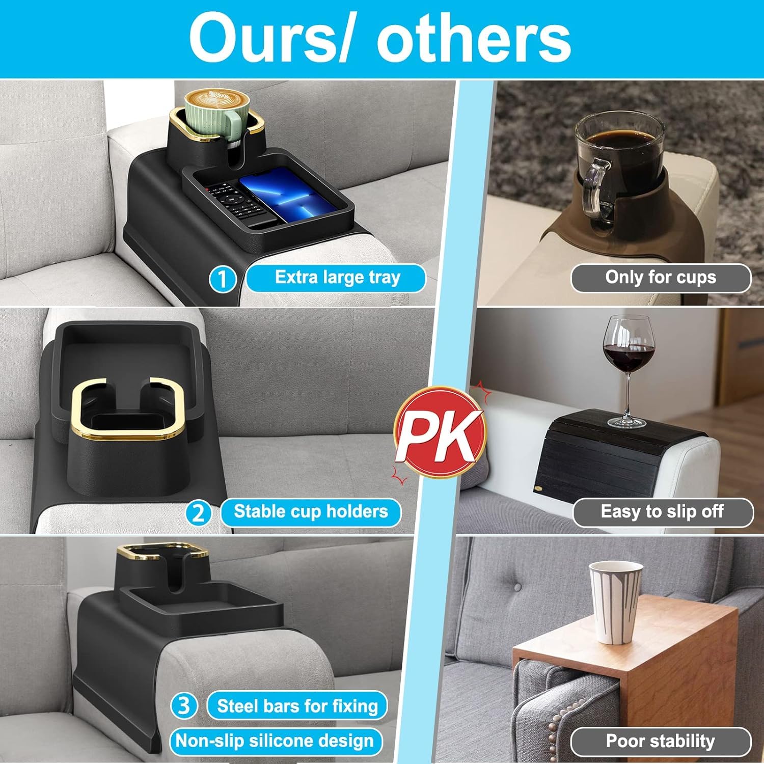BLURISM Table for Coffee Mug/Remote/Snacks/Cellphone, Grandpa Couch Cup Holder Tray, Silicone Anti-Slip and Anti-Spill Sofa Armrest Tray with Drink Holder, Couch Arm 2