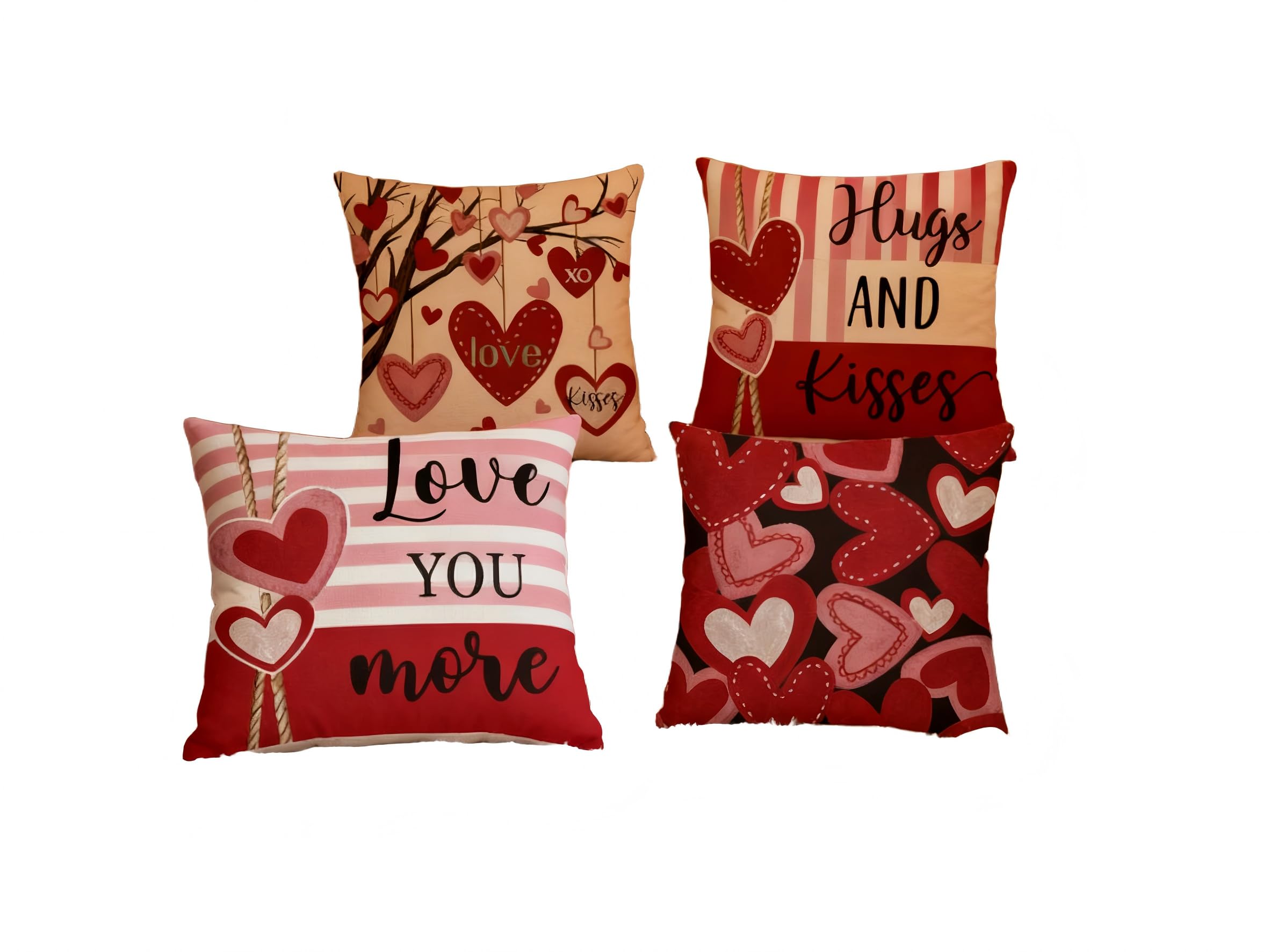 Hbrjtds Romantic Valentine's Day Throw Pillow Covers 18x18 Inch Set of 4, Pink Heart Stripes with XOXO Hugs & Kisses, Holiday Decor for Couch Sofa,