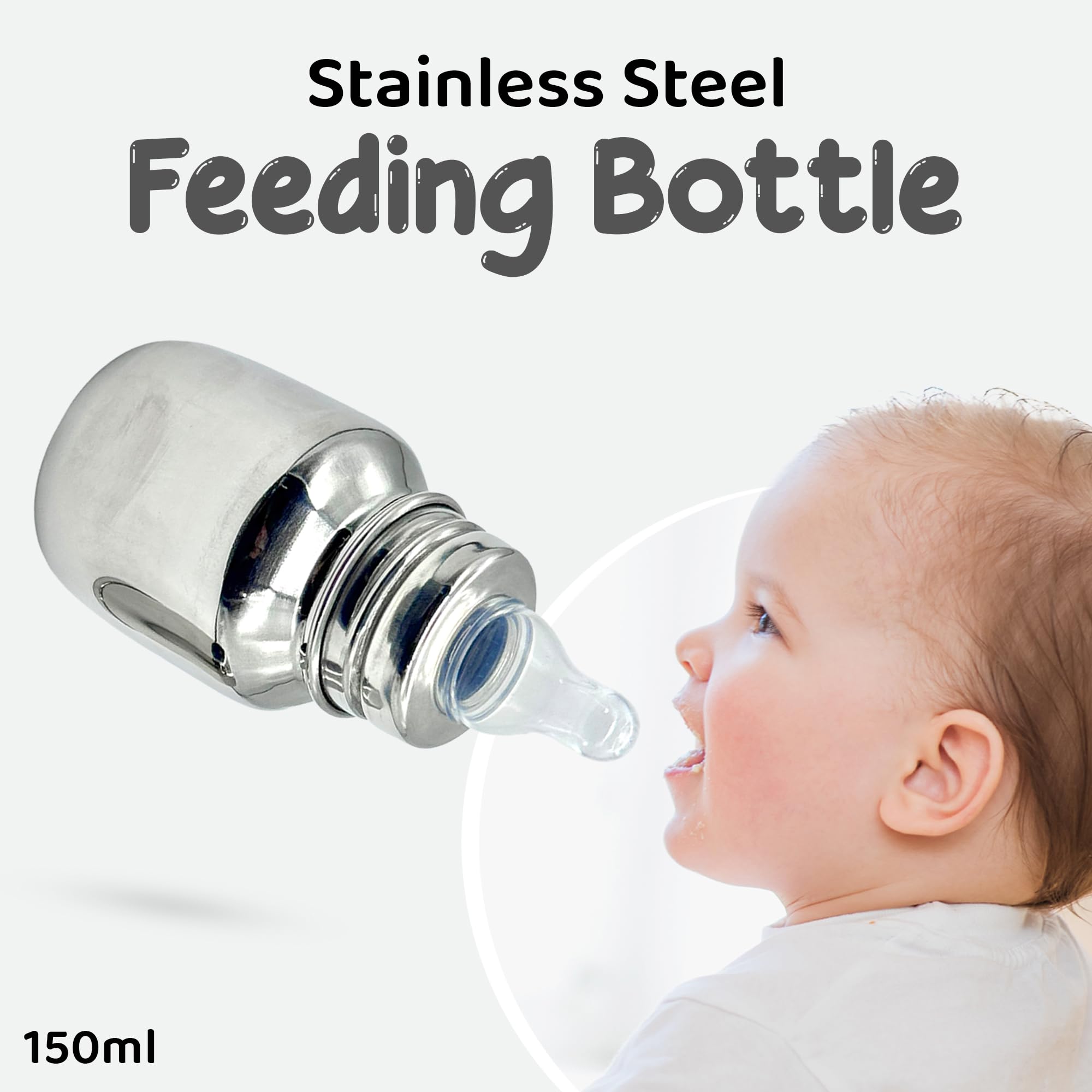 VIRTI MINI ME Stainless Steel Baby Feeding Bottle – 150ml Leakproof Bottle with Soft Silicone Nipple & Cap | BPA-Free, Easy to Clean, Travel Friendly & Durable for Newborns & Infants 3