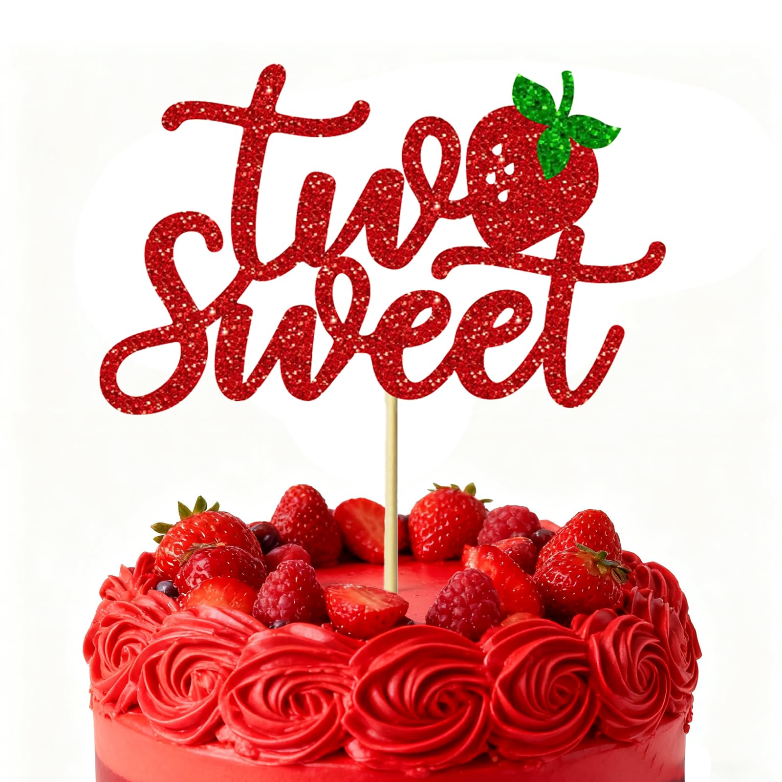 VGRDTW Two Sweet Strawberry Cake Topper 15.5x9.6cm Red Glitter Berry Cake Decorations for 2nd Birthday Party Supplies, Strawberry Theme Paper Topper with Happy 2nd Birthday Design