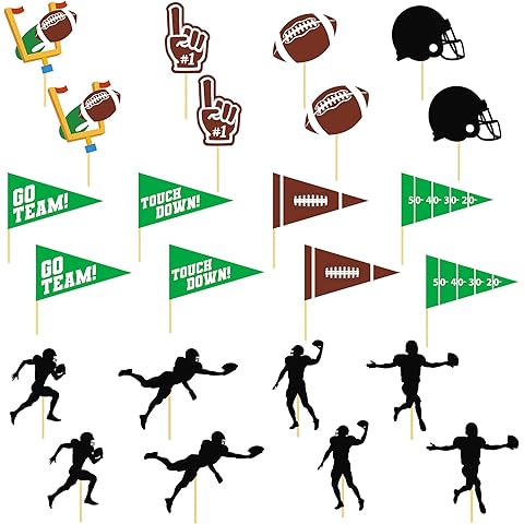 24 Pcs Football Cupcake Toppers, Disposable Foot Ball Themed Toothpicks, Touchdown Players Flagship Cake Toppers, Football Party Decorations for Sports Theme Baby Shower Birthday Party Supplies