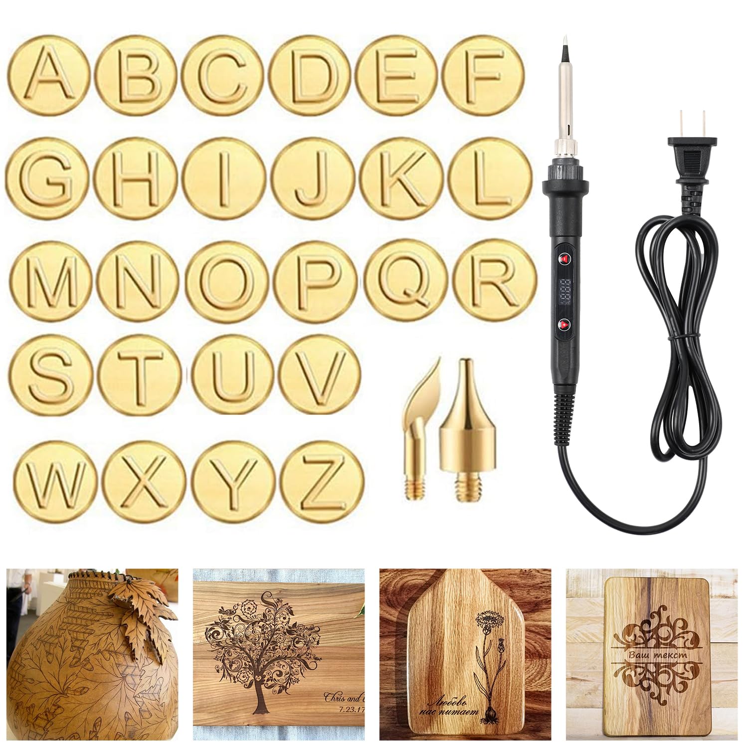 26 Letters Copper Mold DIY Wood Burning Carving Set, Wood Burning Kit Tool with Letter Stamps, Burning Tip Copper Pyrography Work Mold for Wood Leather Embossing Carving, 28pcs Alphabet Stamps Set