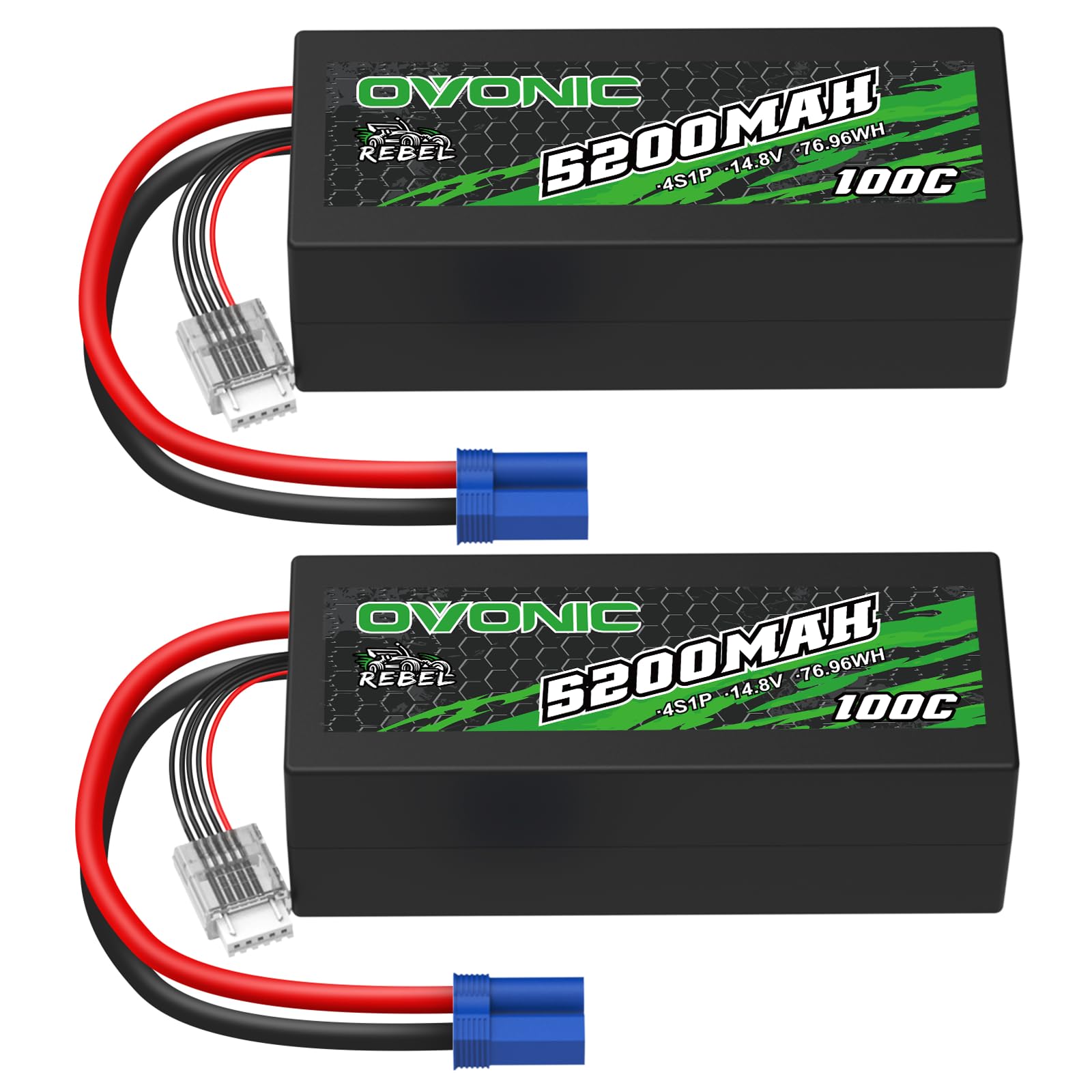 OVONIC Batteria Lipo da 4 s, 14,8 V, 100 C, 5200 mAh, con spina a T per RC auto, Truggy, quadricottero, elicottero, camion, barca, aereo (2 pezzi)