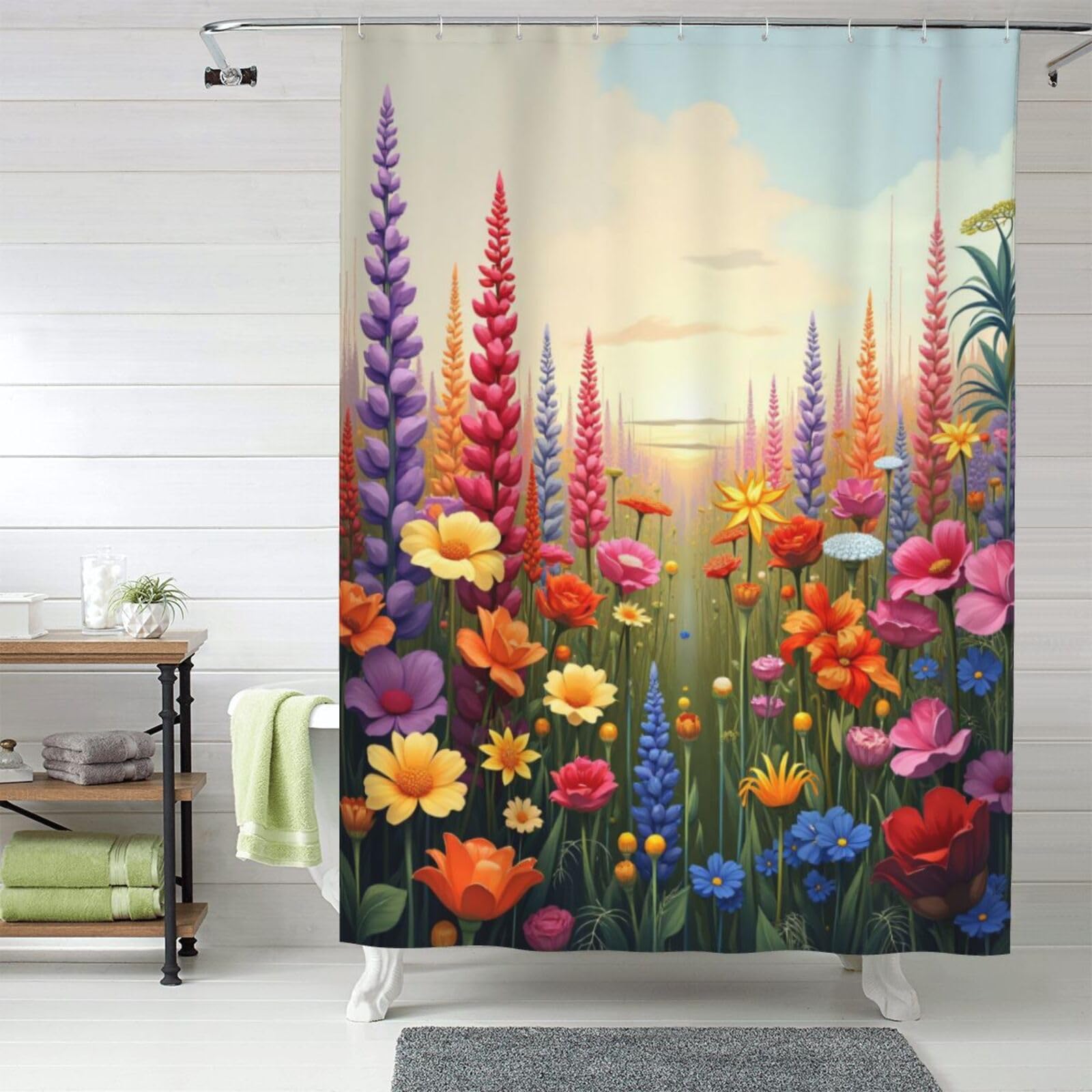 Rideau de douche motif prairie colorée 152x183 en tissu résistant lavable