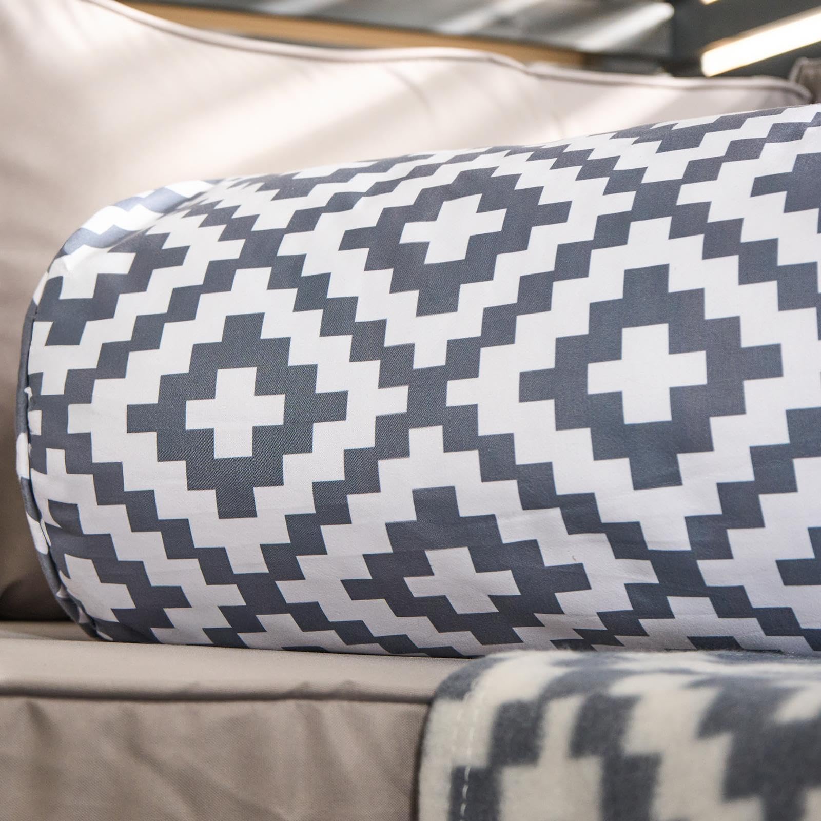 Ohs Grey - Geo Geometric Grey Bolster Pillow Garden Furniture Cylinder Pillow, Soft Cosy Neck Roll Pillows For Armrest & Head Support Yoga Bolster Cushion For Sofa Bed Indoor Outdoor Cushions