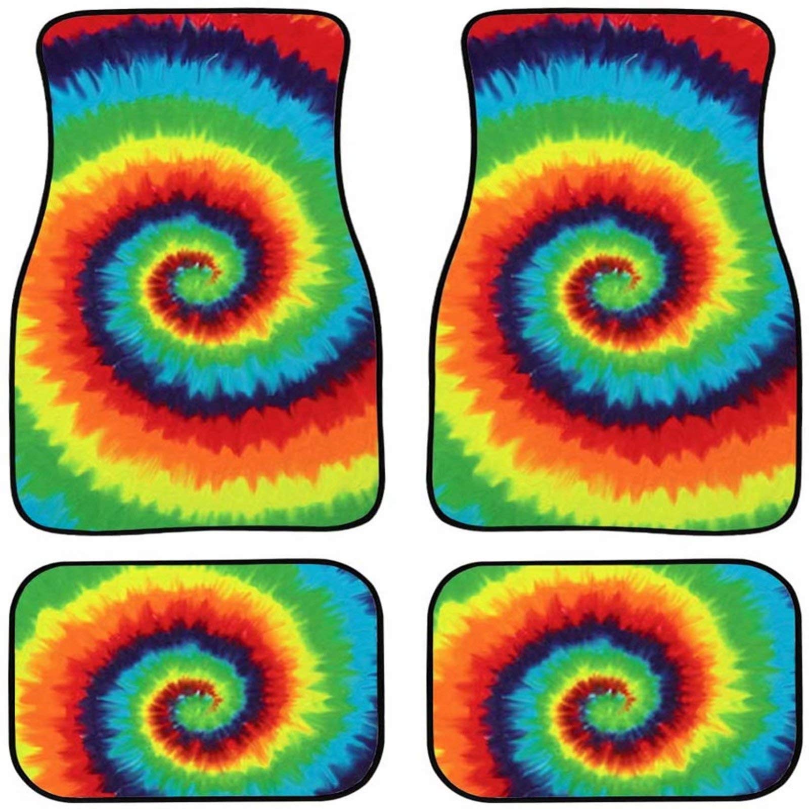 Dolyues Rainbow Tie-dye Universally Auto Interior Carpet Floor Mats for Car for Women Ladies, Front and Back Full Set 4-pcs Non Slip Backing Cars Rear Foot Mat Cushion Protector Heavy Duty
