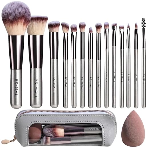 BS-MALL Travel Makeup Brush Set 14 Pcs Premium Synthetic Foundation Powder Concealers Eye shadows Blush Makeup Brushes with Cute Case and Makeup Sponge (A-Champagne)