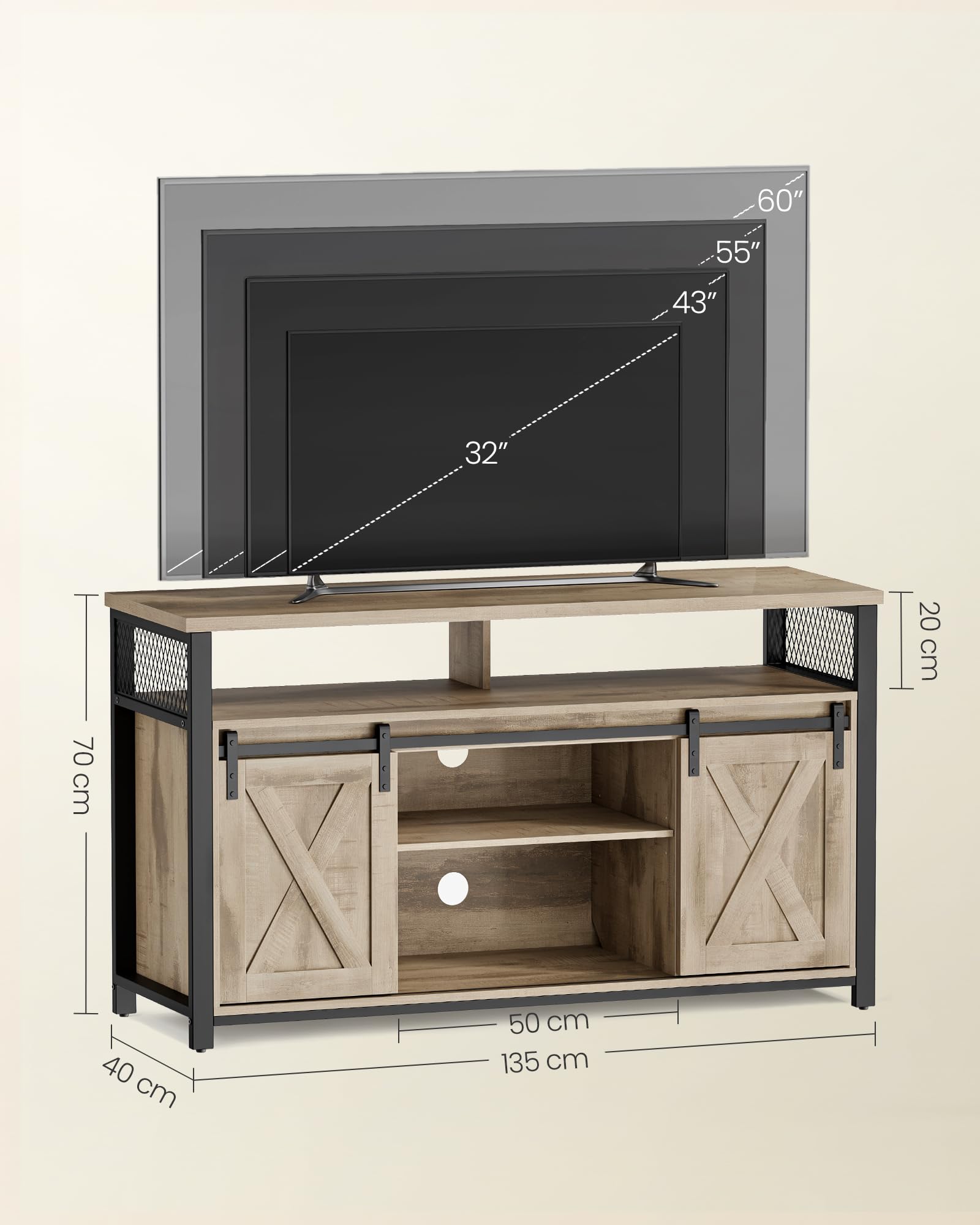 VASAGLE szafka RTV, drzwi przesuwne, styl industrialny, 135 cm | Stolik pod telewizor, 135 x 40 x 76 cm, otwory na kable, do salonu, camelowy i matowa czerń, Kolekcja DAXTON LTV46B50