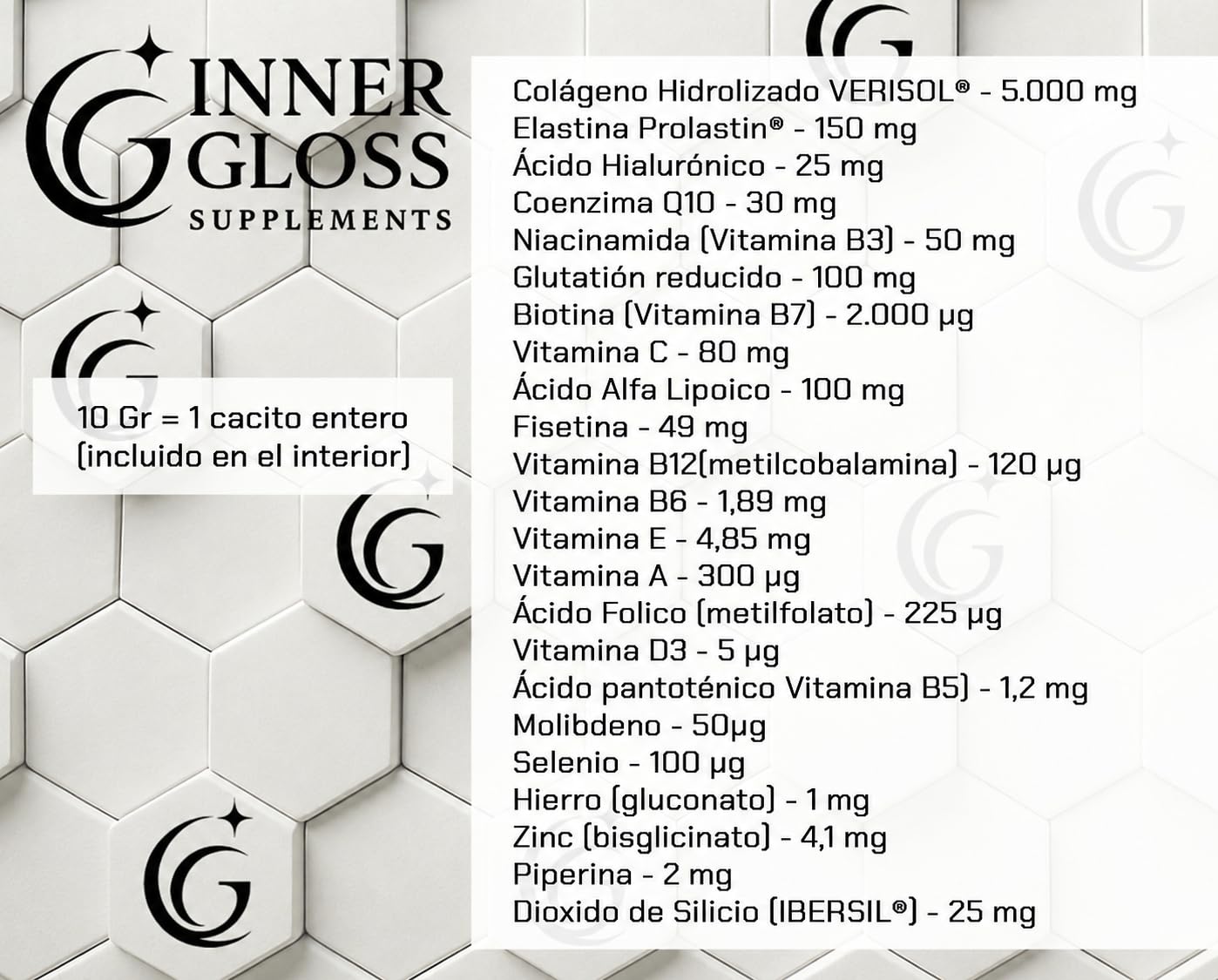 Colágeno Hidrolizado VERISOL® (5000 mg) + Elastina PROLASTIN® + Ácido Hialurónico + Biotina + Coenzima Q10 + Glutation + Vitamina B12 + Fisetina - Un Total de 23 ingredientes en perfecta sinergia.