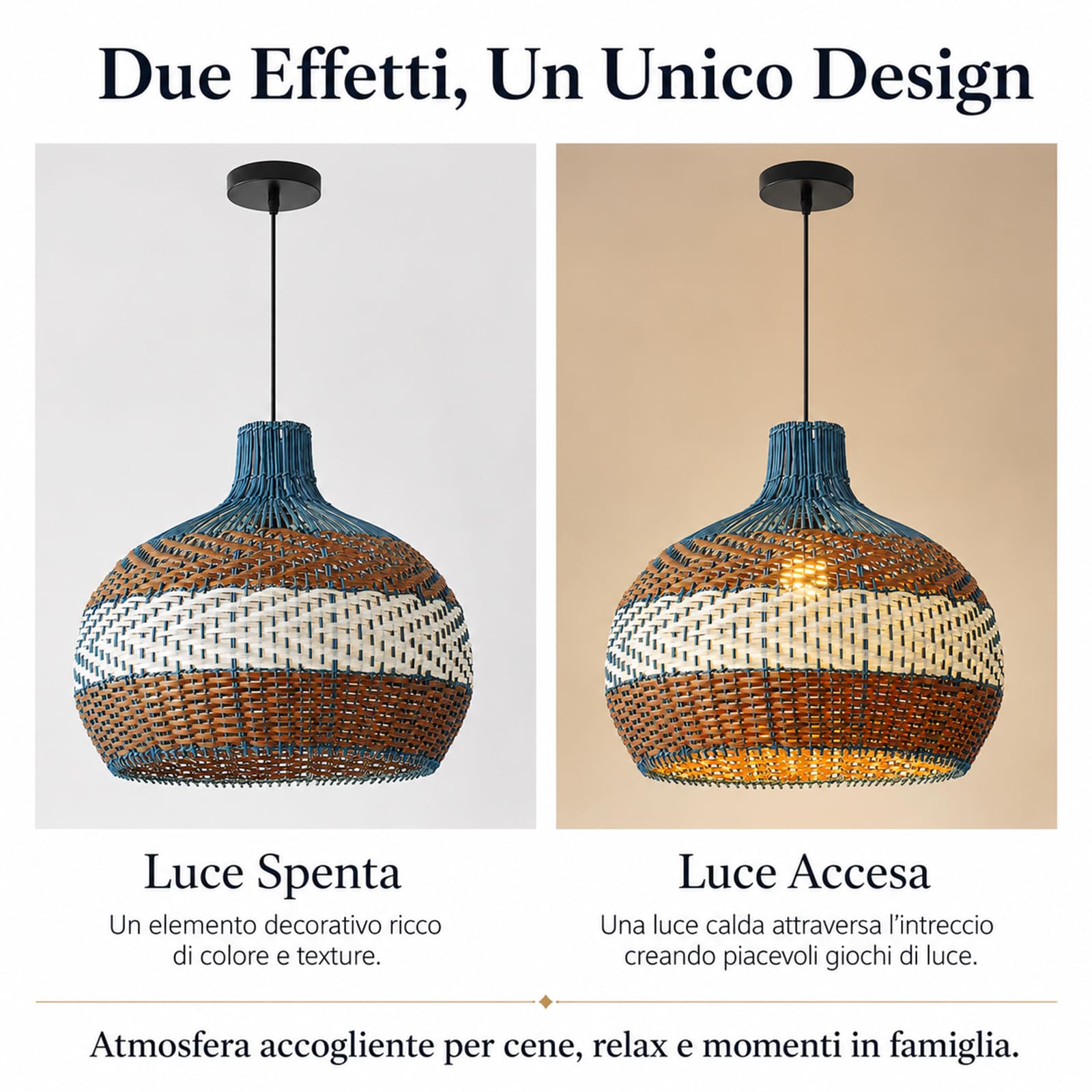 Lampadario rustico a 1 luce in rattan, stile boho, per soggiorno, lampada a sospensione intrecciata a mano, illuminazione rustica per isola cucina e ristorante (40 cm/50 cm)