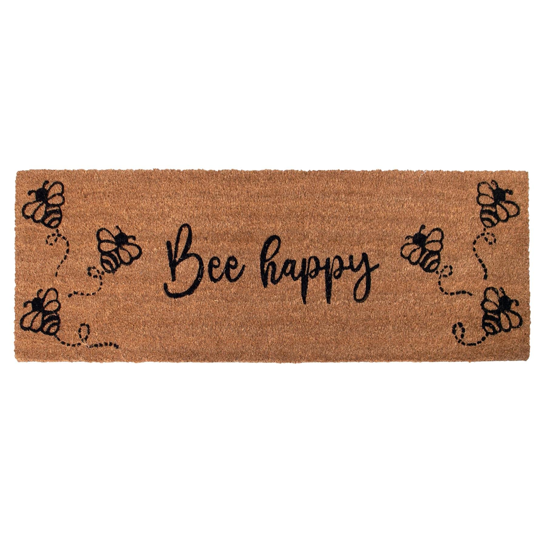100% Natural Coir Door Mat 125 x 40cm Indoor Outdoor Non-Slip Backing Long Decorative Welcome Doormat for Hallway Foyer Dirt Trapper Large Entrance Runner [Bee Happy]