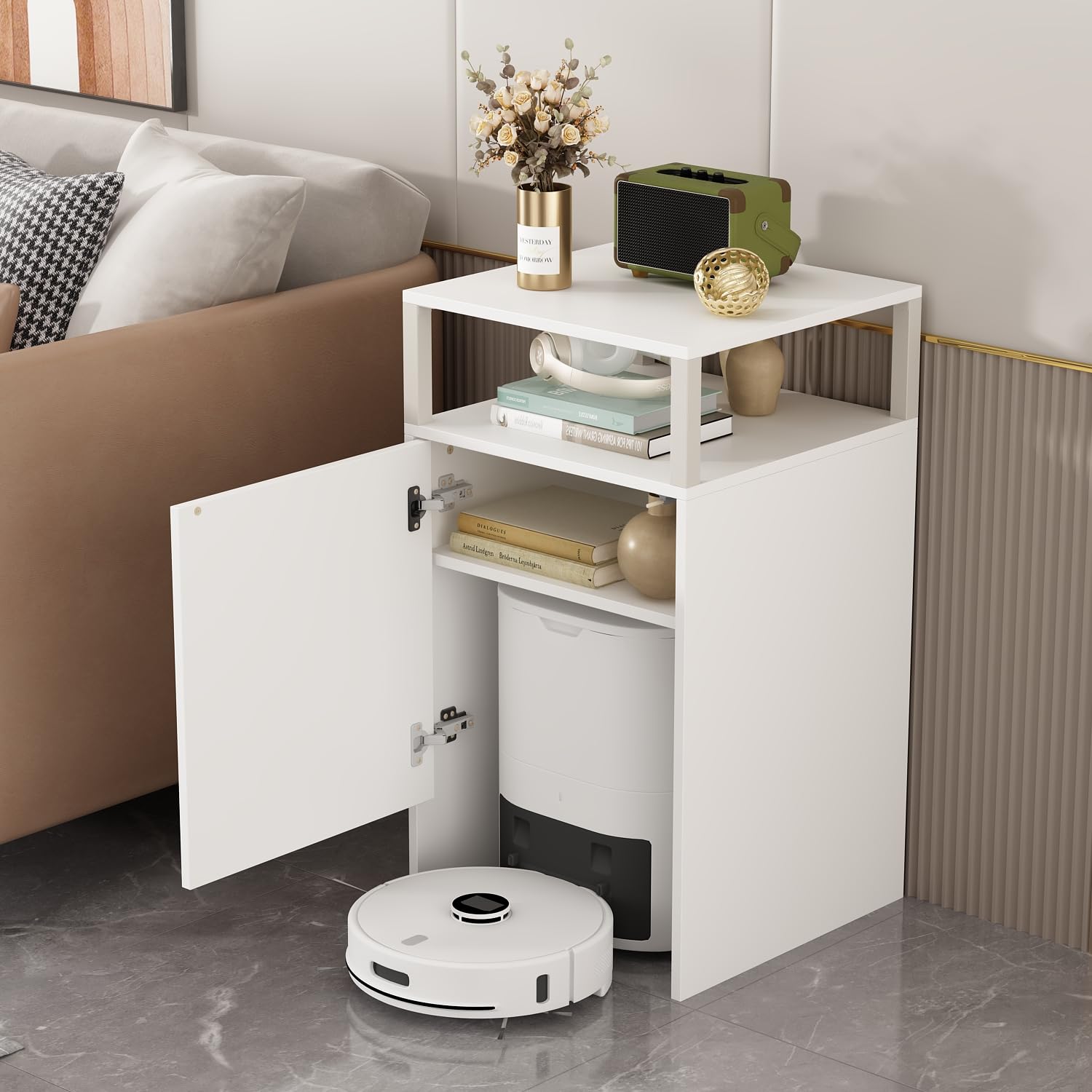Kehrmaschinenschrank, Kleinlagerschrank, Wasserbarschrank, Multifunktionaler Kleinlagerschrank mit 1 offenen Regal und einem Schrank für Wasserbar, Beistelltisch, 80 x 44,4 x 45 cm, weiß, MDF
