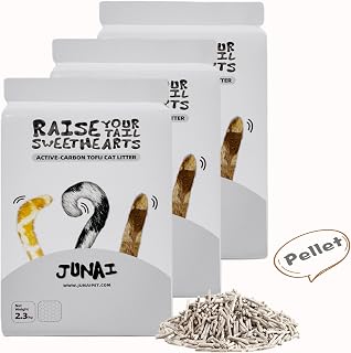 JUNAI Tofu Cat Litter 3 Packs(2.3kg x 3), Active-Carbon Natural Clumping Cat Litter Pellet flushable Biodegradable Kitty Litter, Good for All cat Litter Box, Lightweight dust Free and Odor Control