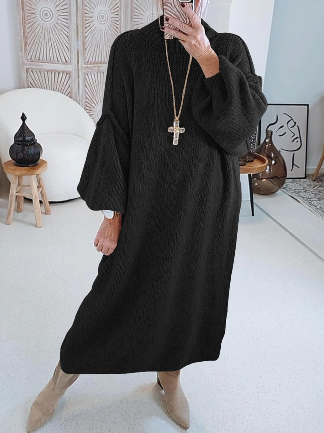 Saodimallsu Womens Oversized Sweater Dress Mock Neck Long Sleeve Casual Warm Chunky Knit Fall Winter Maxi Dresses - Image 2