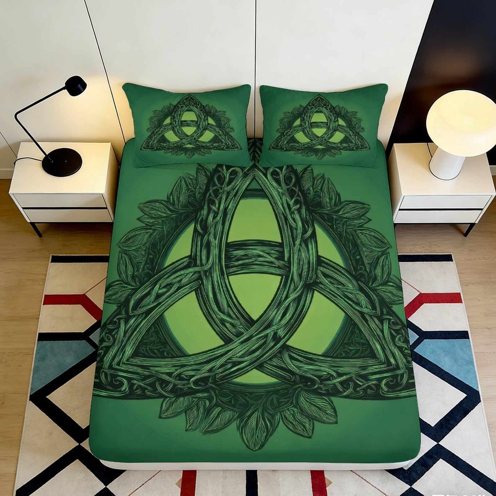 3D Printed Celtic Knot Fitted Sheet Microfiber Green Nature Leaves Mattress Cover for Bedroom Dorm Home Decor 90x200x25cm