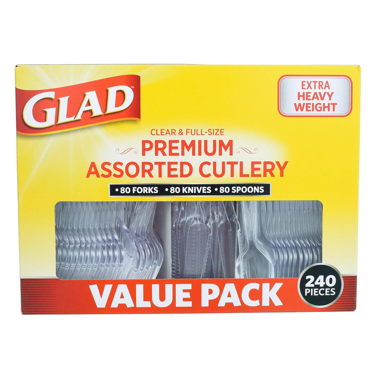 Glad Disposable Cutlery Set - Clear Heavy Duty Plastic Forks Knives and Spoons - 240 Piece Plasticware for