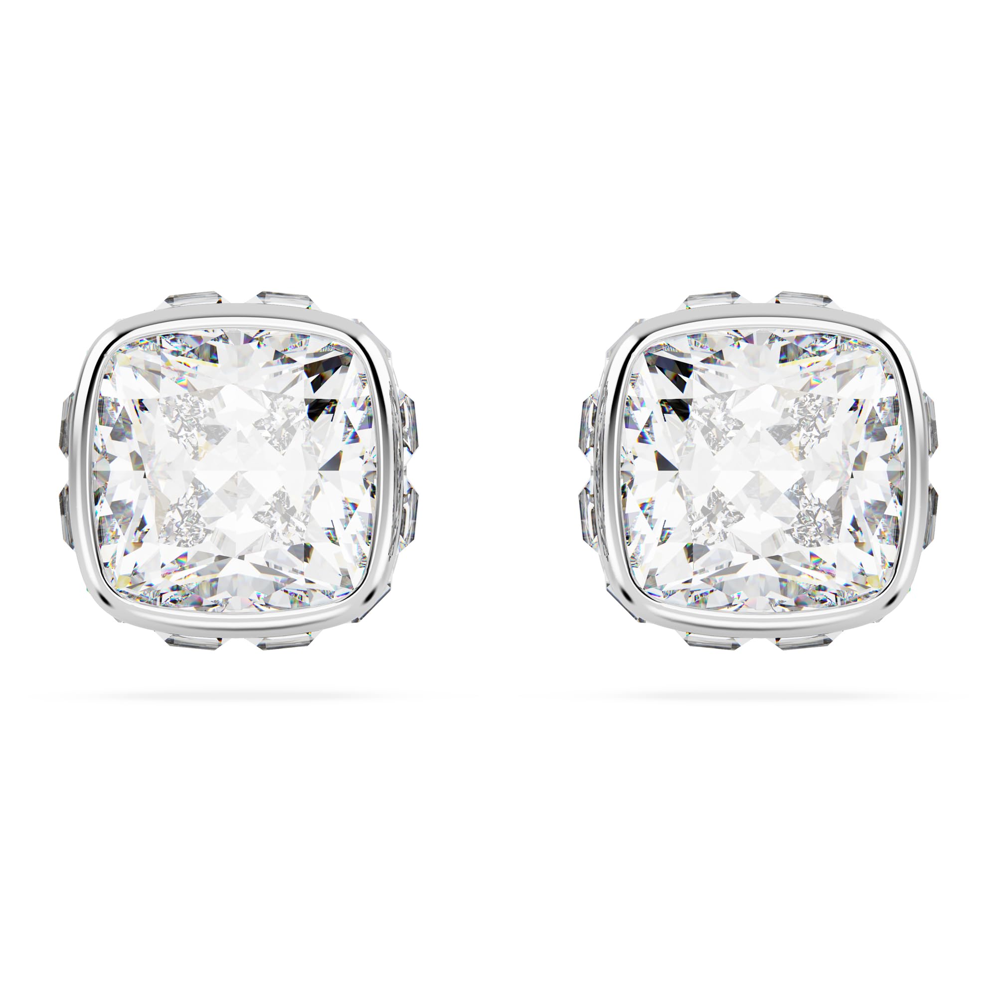 Swarovski Birthstone stud earrings, Square cut, April, White, Rhodium plated