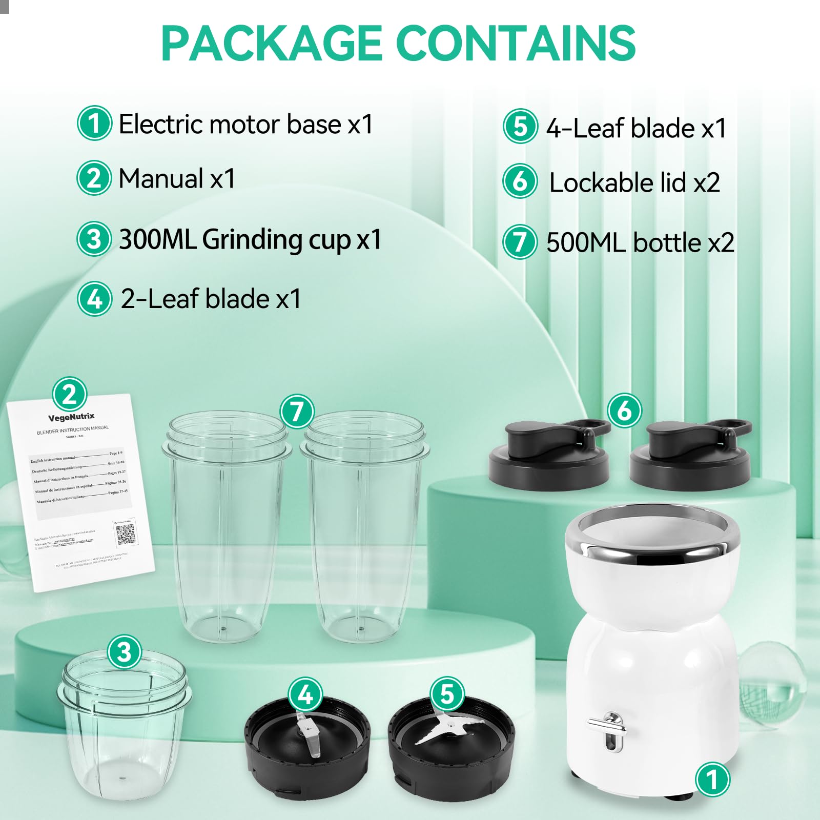 Licuadora portátil de 500 W, exprimidor de 25000 rpm, mezcla extractora de batidos, frutas congeladas, nueces y hielo, con 2 tazas ToGo de 500 ml, molinillo de 300 ml y 2 asas de transporte, ideal