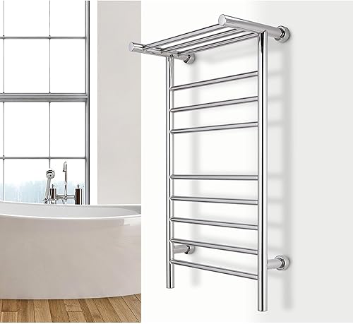 Miniatura 11 de WarmlyYours Calentadores de toallas para baño, toallero térmico montado en la pared con estante, 11 barras de acero inoxidable pulido, 20 x 36