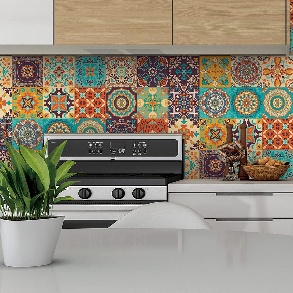 Samoprzylepne naklejki na kafelki z PCV | Żółta Mandala, 24 szt., 10-20 cm, Backsplash w kuchni i łazience: Dekoracja ścienna(24 Pcs/15x15cm)