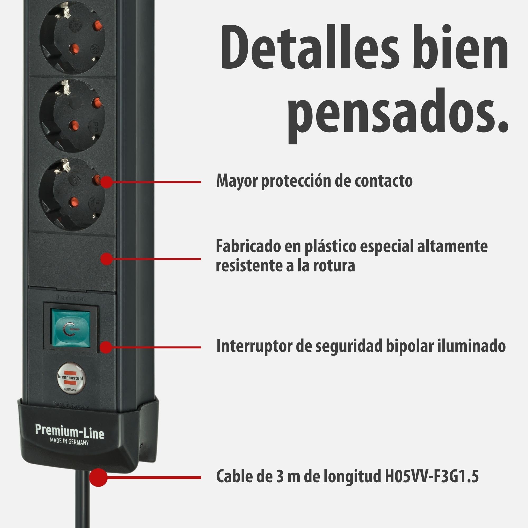 Brennenstuhl Premium-Line regleta de enchufes con 6 Tomas de Corriente y USB (Cable de 3m, Carga USB, Interruptor, montable, Fabricado en Alemania) Negro