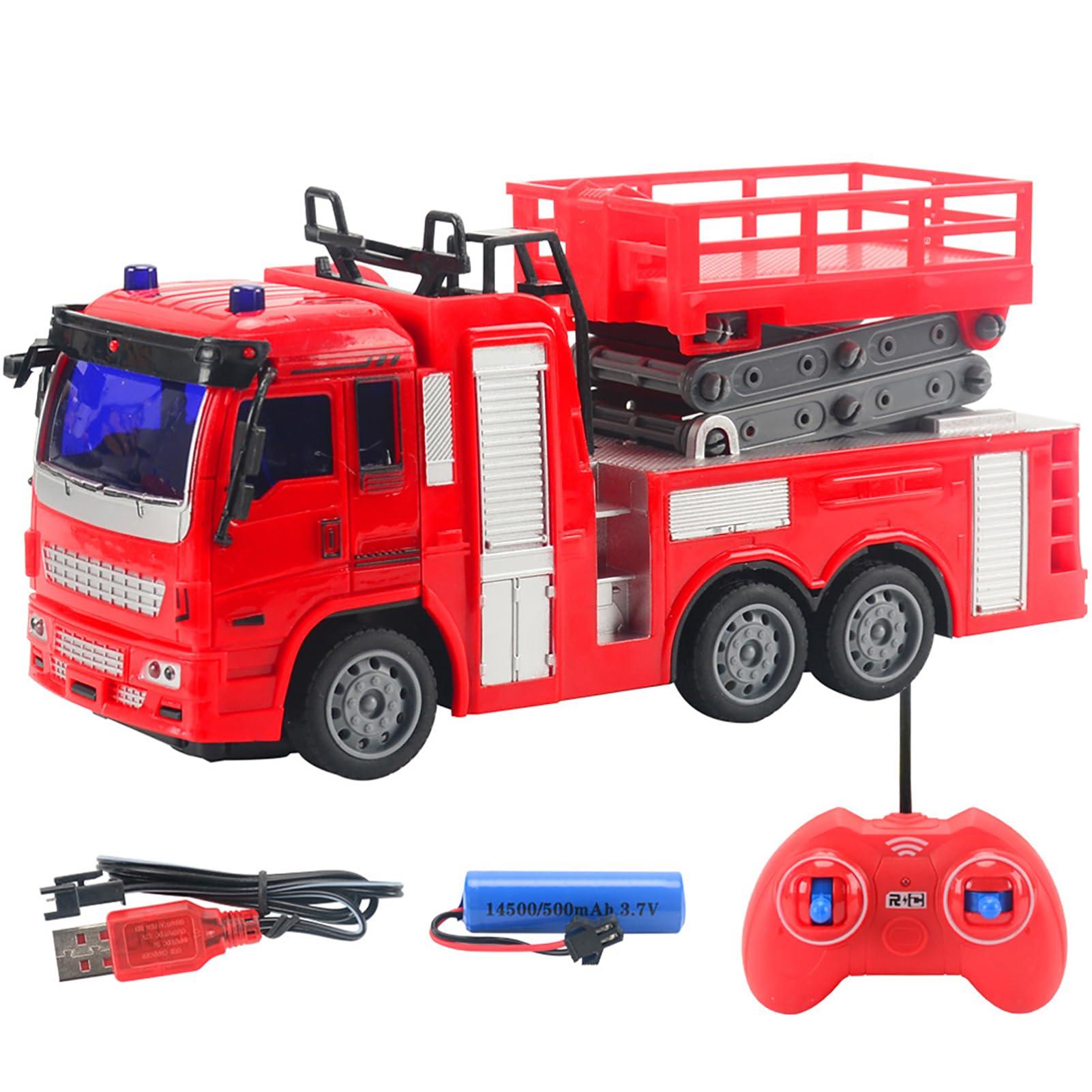 Maqulae Remote Fire Engine Toys, Firetruck with Flashing LED Lights & Real Siren Sounds, RC Toy Car, for 3 4 5 6 Years Old Boys Girls for Christmas Birthday (Remote control fire truck (lifting