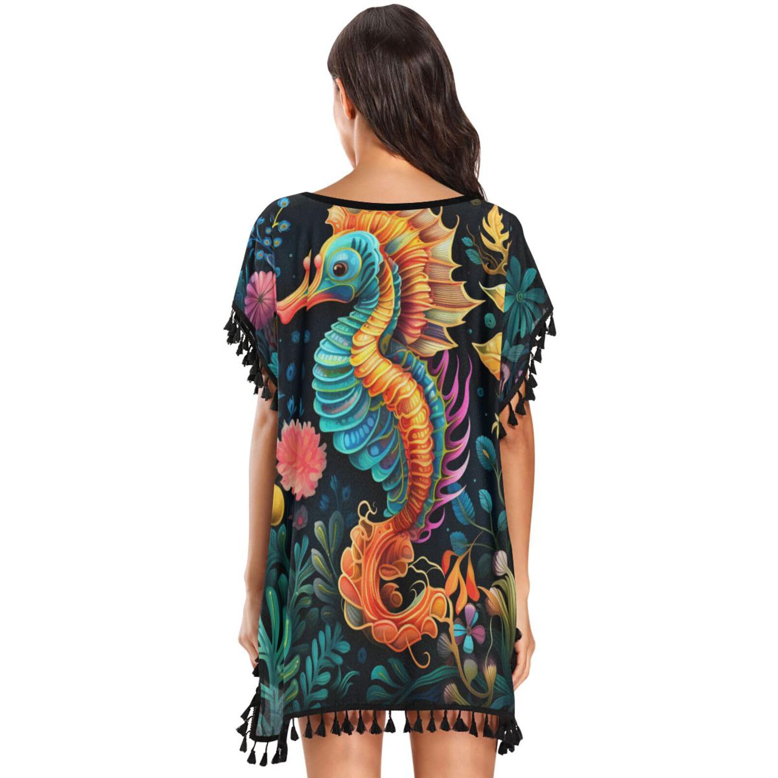 KAAVIYO Colorful Seahorse Sea Flower Women's Beach Cover Up Chiffon Tassel Swimwear Swimsuit Coverups for Girl