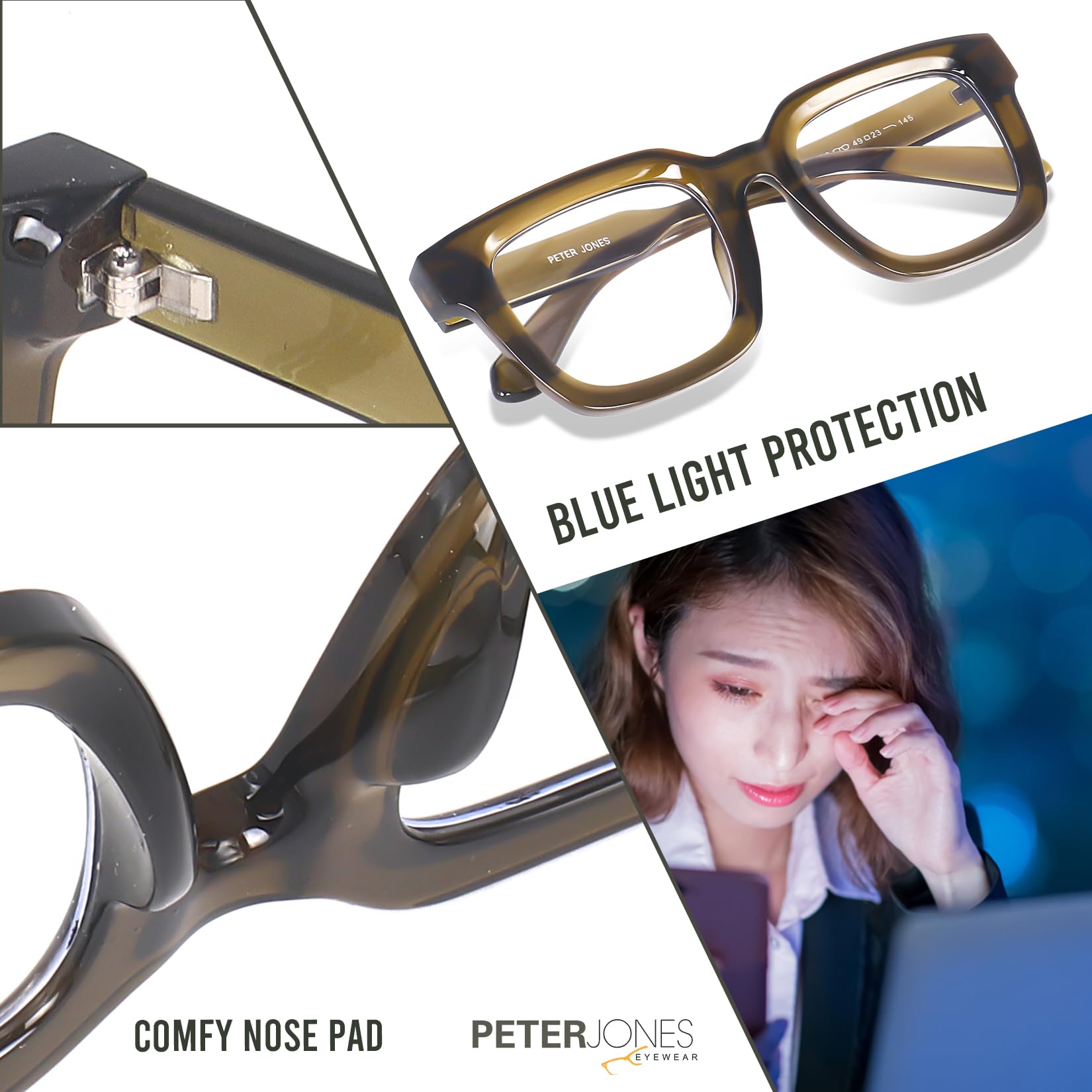 Peter Jones Square Unisex Blue Light Blocking Computer/Gaming Glasses I Frame & Lenses I Large Size 51-16-150 MM, Comfortable Fit, Model AG3803GR - Image 4 thumbnail