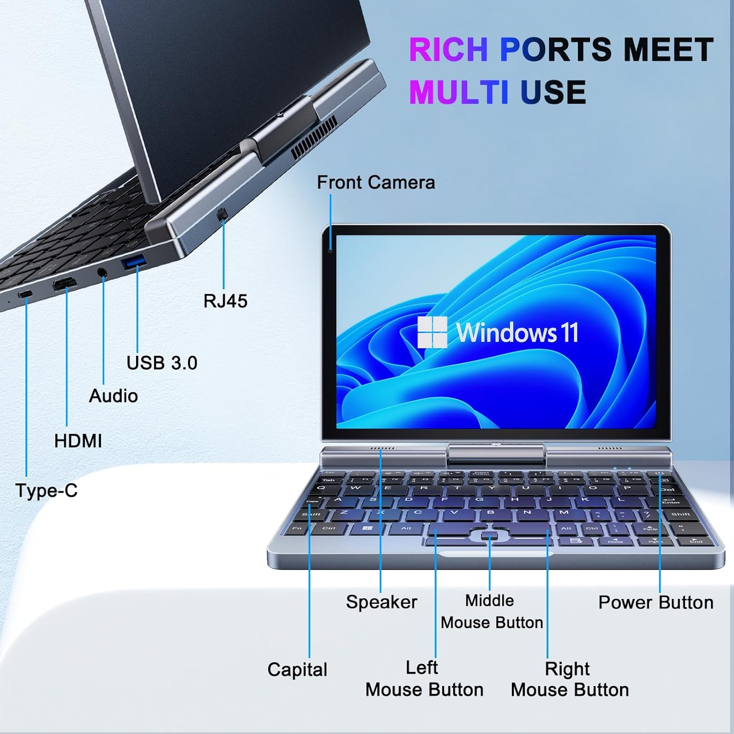 KOOSMILE N150 Mini Laptop with labeled ports