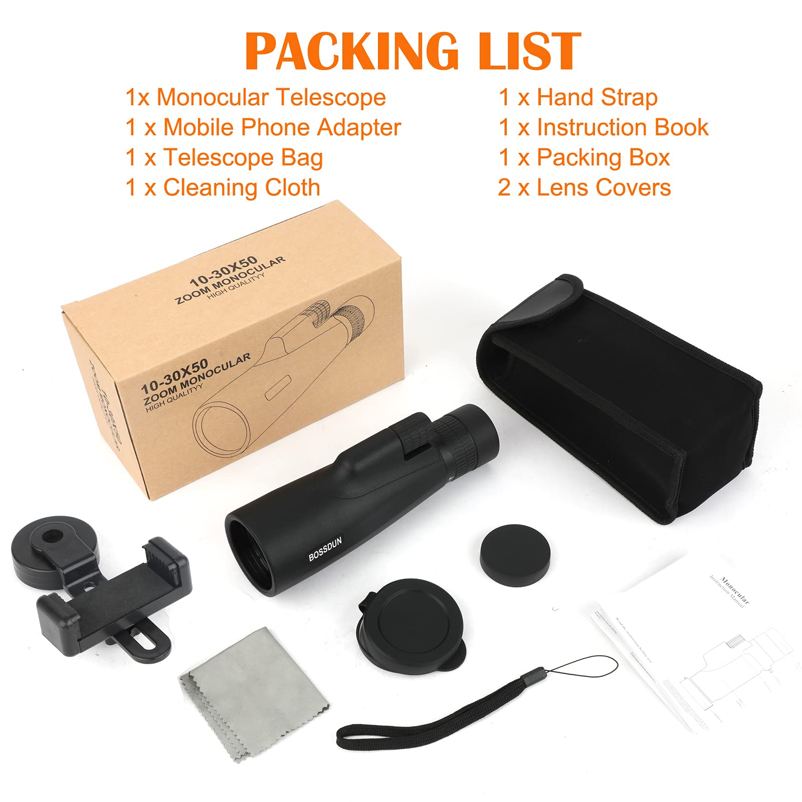 Télescope Monoculaire 10-30x50 pour Adultes, Lunette de Visée Monoculaire HD Etanche avec Smartphone pour l'observation des Oiseaux, Randonnée, Chasse, Camping, Voyage