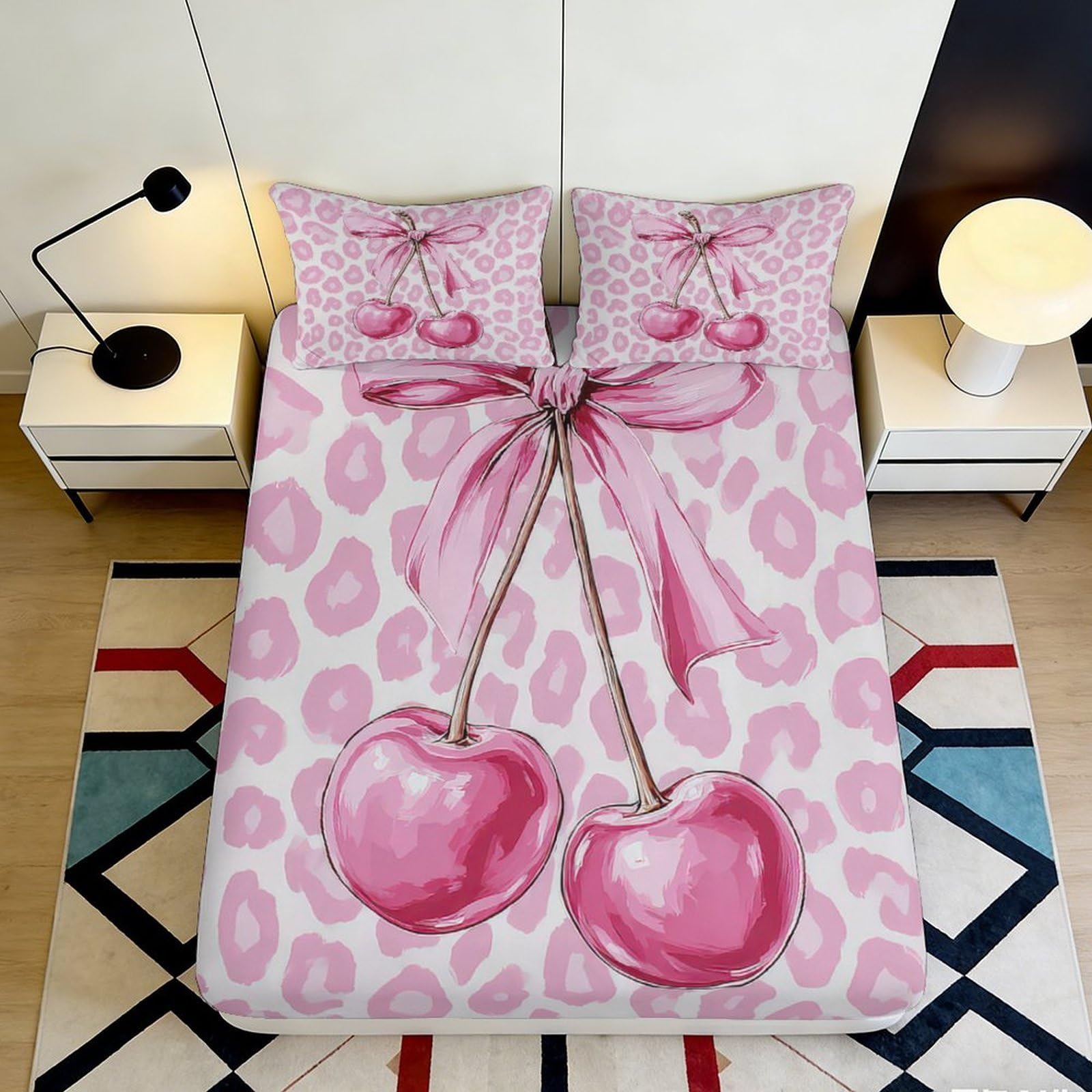 3D Printed Cherry Leopard Fitted Sheet Microfiber Deep Pocket Bedroom Bedding Cherry Leopard Mattress Fitted Cover Non-Slip Washable 90x200x25cm