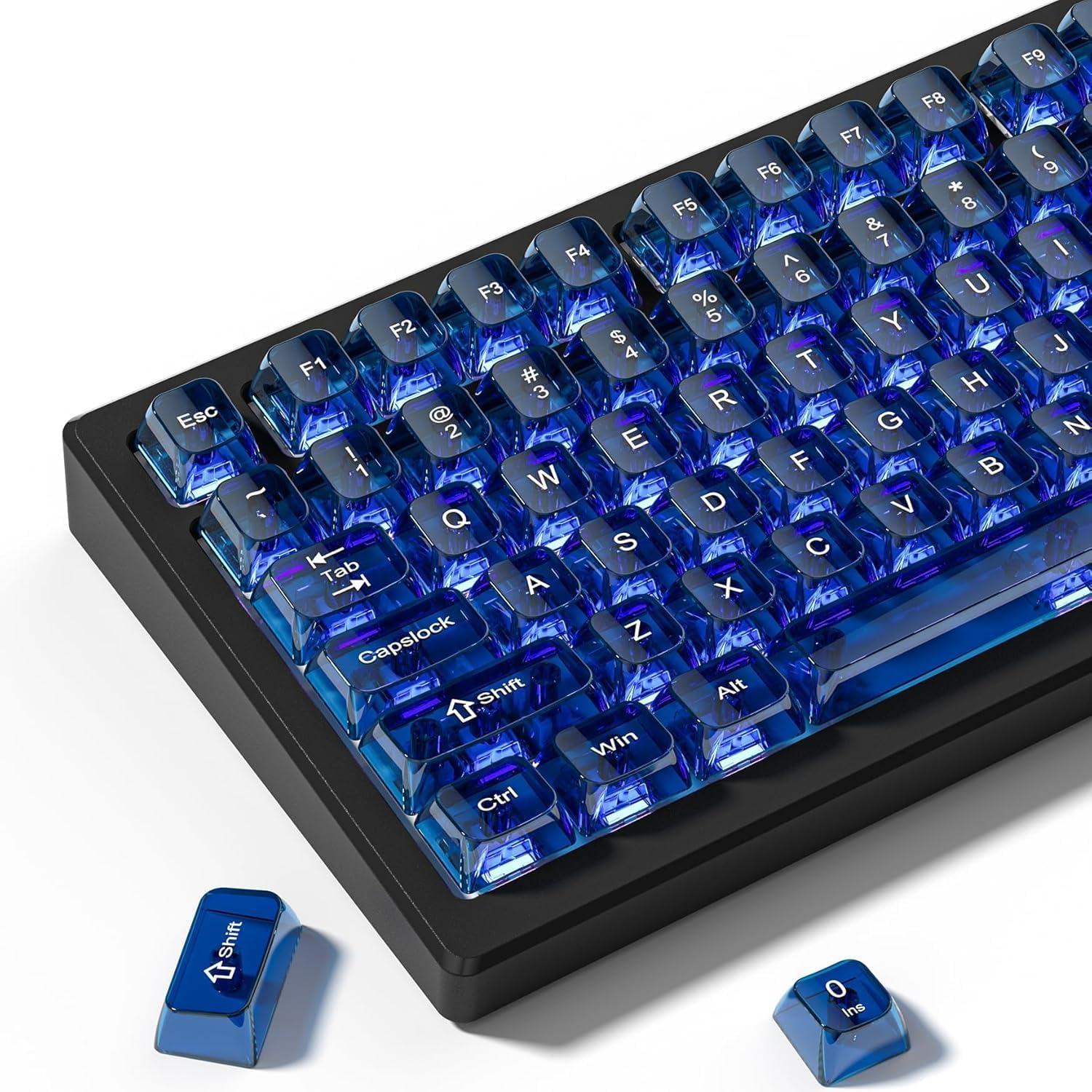 パープルクリアキーキャップ、透明キーキャップセット、MDAプロファイル、MXスイッチ対応メカニカルキーボード用、115キー、光を通すクリスタルキーキャップ、セラミックスタイル (ブルー)
