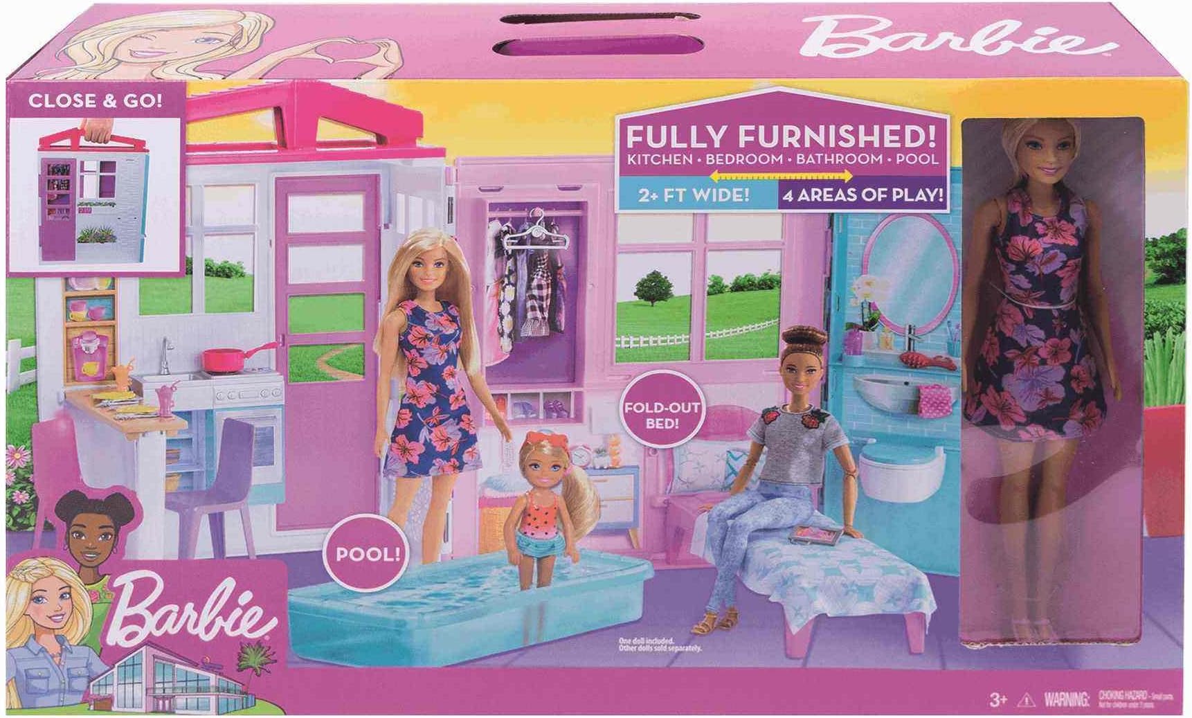Barbie Doll and Dollhouse, Portable One-Story Playset with Pool