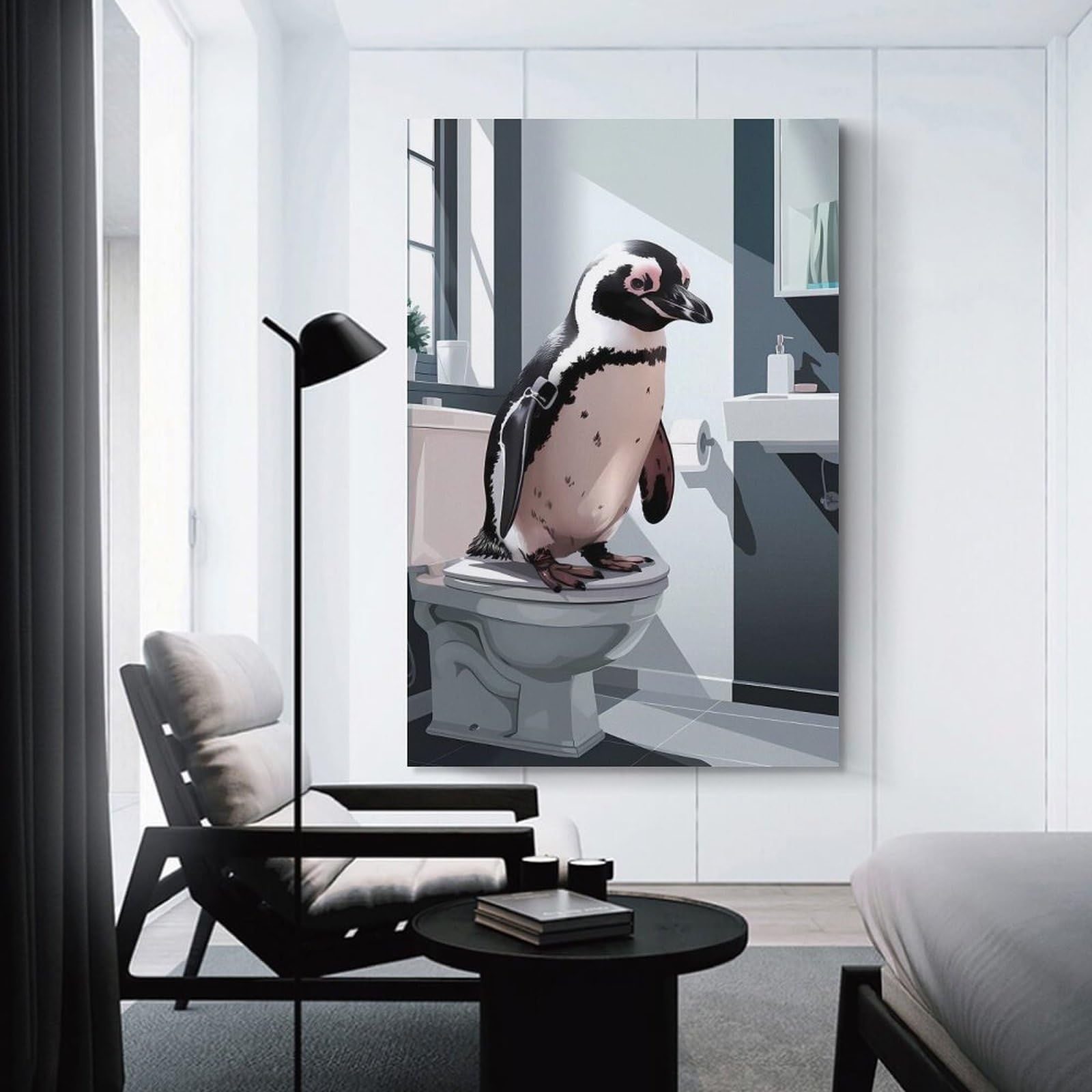 Junmoney Unframe-Style-8 Decorative Wall Artwork Penguin On Toilet Bathroom Art, 08X12inch(20X30cm), For New Homes, Bedrooms Or Workspaces, Canvas Artwork With Gifting Potential