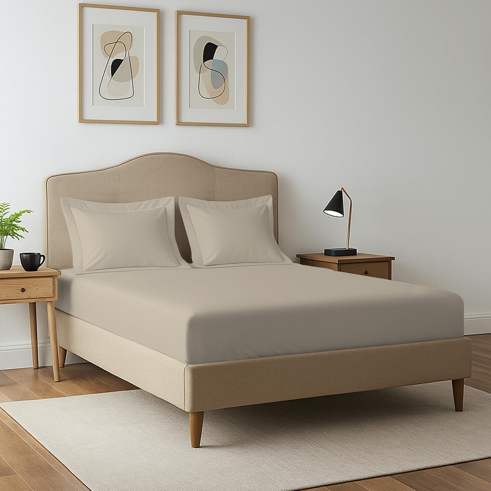 Pizuna 400 Thread Count Super King Fitted Sheet 180x200 cm with 2 Pillow Cases, Simply Taupe, 100% Long Staple Cotton, Soft Sateen Weave, Fitted Bed Sheets with 40 cm Deep Pocket — image 1