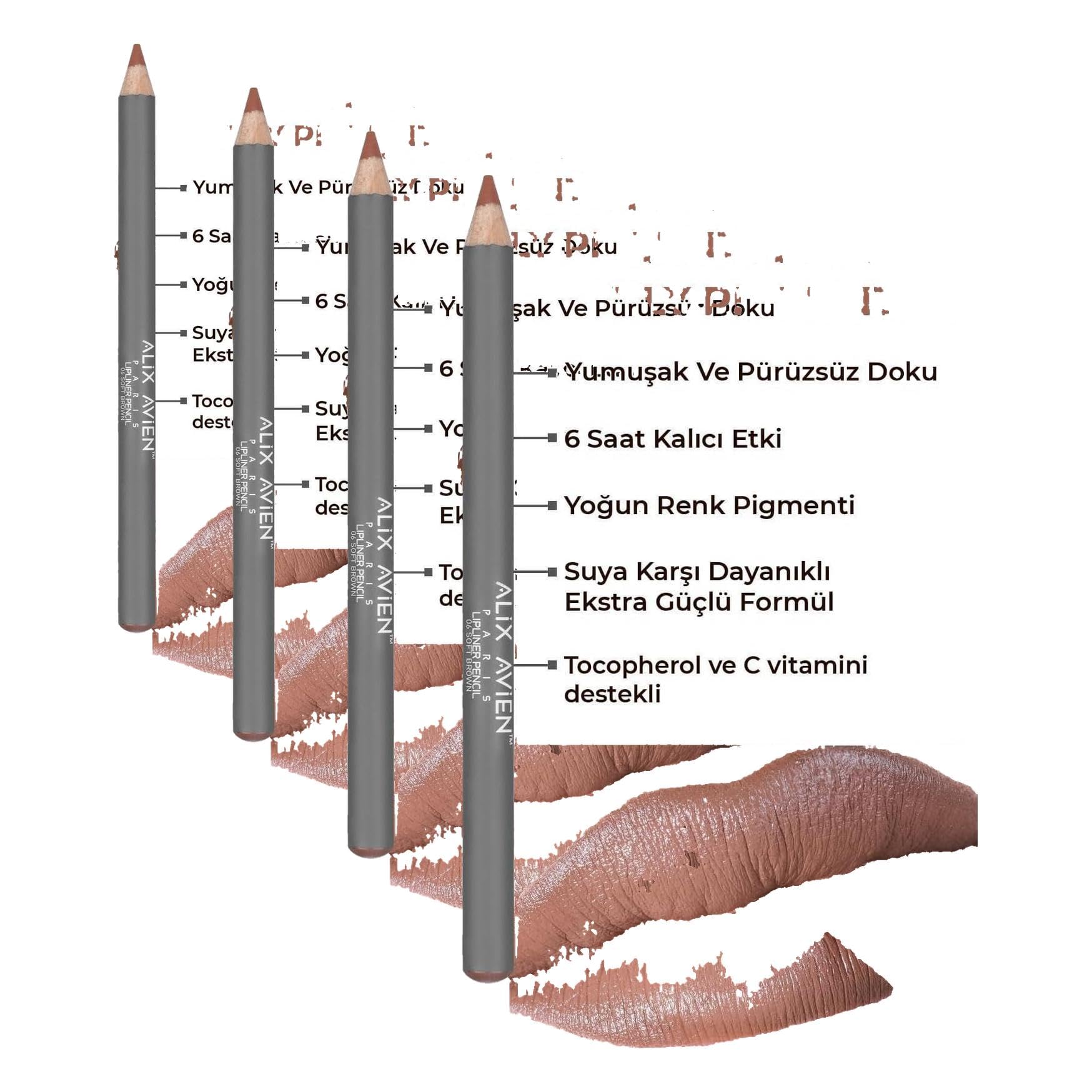 ALIX AVIEN Uzun Süre Kalıcı Dağılma Yapmayan Nemlendirici Dudak Kalemi - Lipliner Pencil 06 Soft Brown (4 paketi)