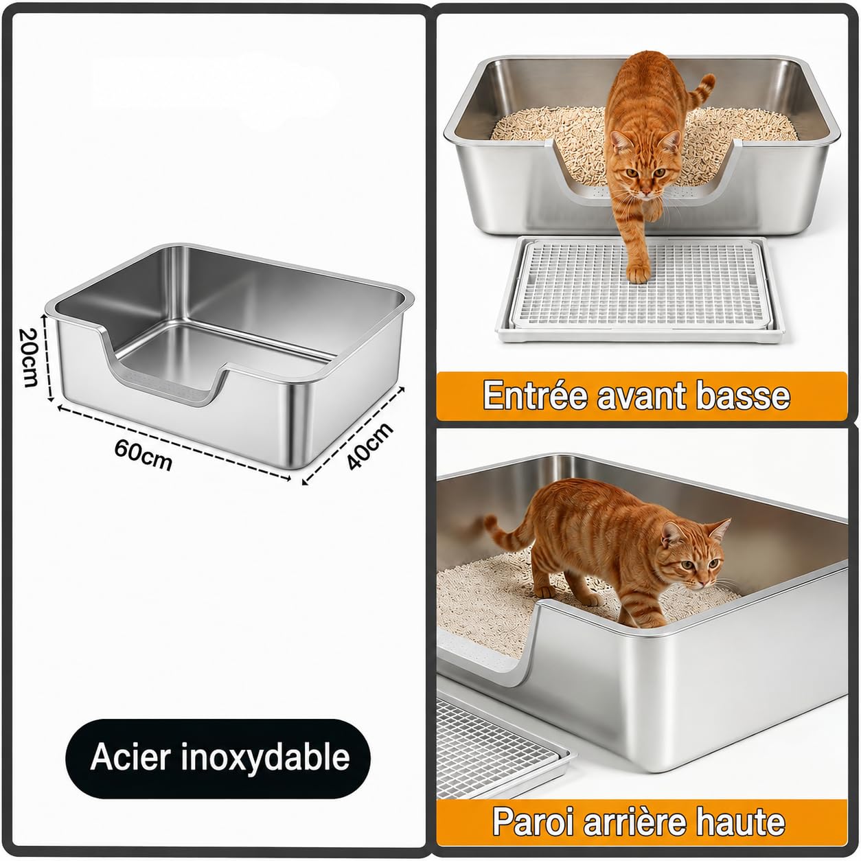 Bac à litière XXL en acier inoxydable avec tamis, bord haut et entrée basse, sans odeur, facile à nettoyer, bac à litière en métal pour grands chats et maison multi-chats, 60 x 40 x 20 cm