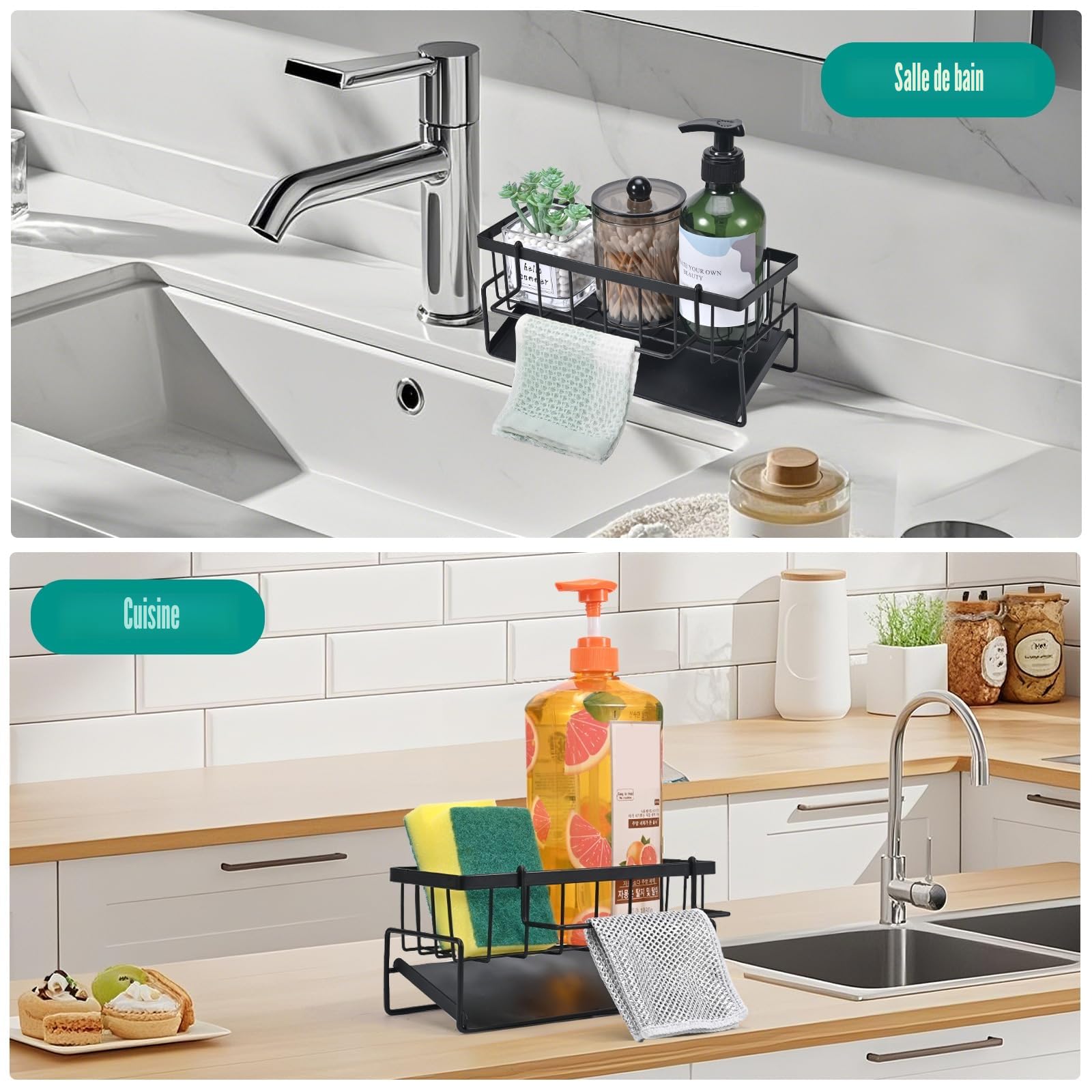 Support d'évier de Cuisine en Acier Inoxydable, Organisateur avec Bac de Vidange Automatique, Noir