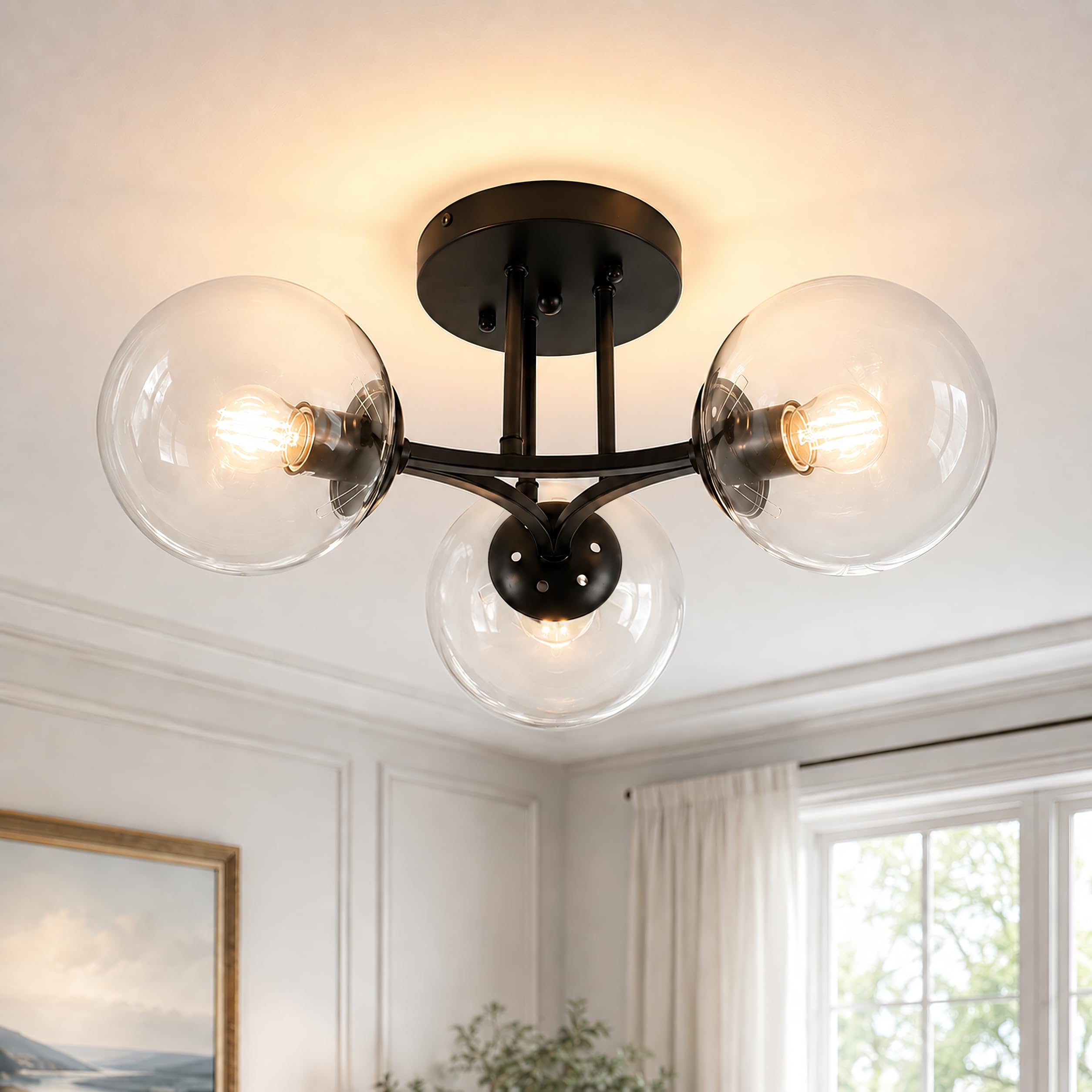 Photo 1 of Bagood Mid Century Modern Ceiling Light Clear Globe Semi Flush Mount Ceiling Light Black Sputnik Light Fixture Chandeliers Clear Glass Matte Black Chandeliers Living Room Dining Room Bedroom 3 Lights