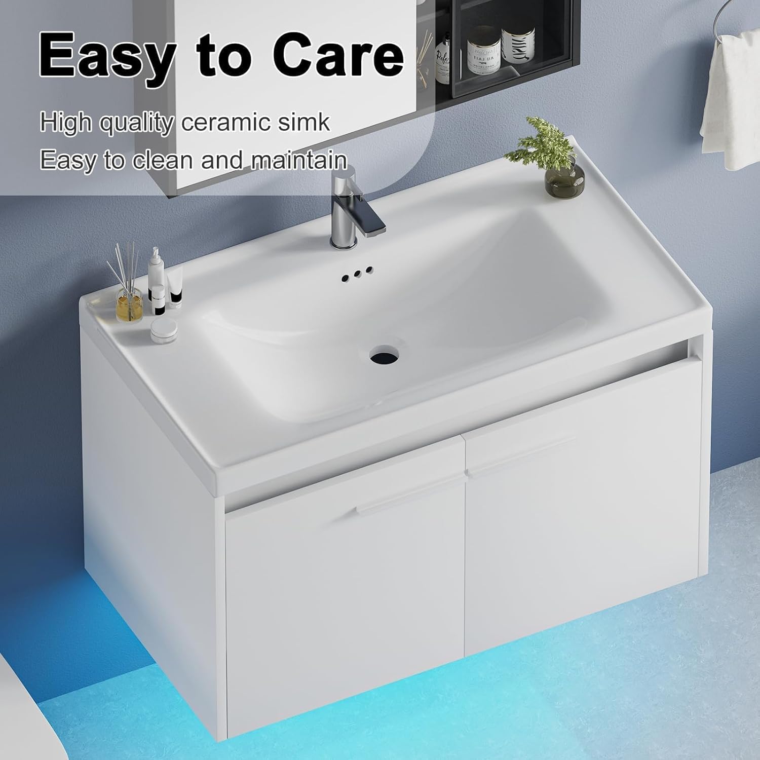 4ever2buy 31" Floating Bathroom Vanity with Sink, Modern White Bathroom Vanity with LED Light, Wall Mounted Sink Cabinet with 2 Doors, White