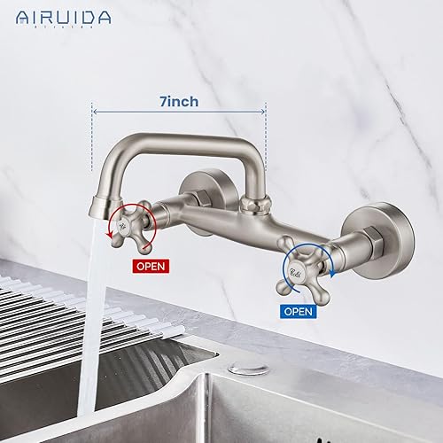 Miniatura 2 de Airuida Grifo de fregadero de cocina de montaje en pared para pico de 6 pulgadas (5.9 in), centro ajustable, centro ajustable, asas cruzadas, agua