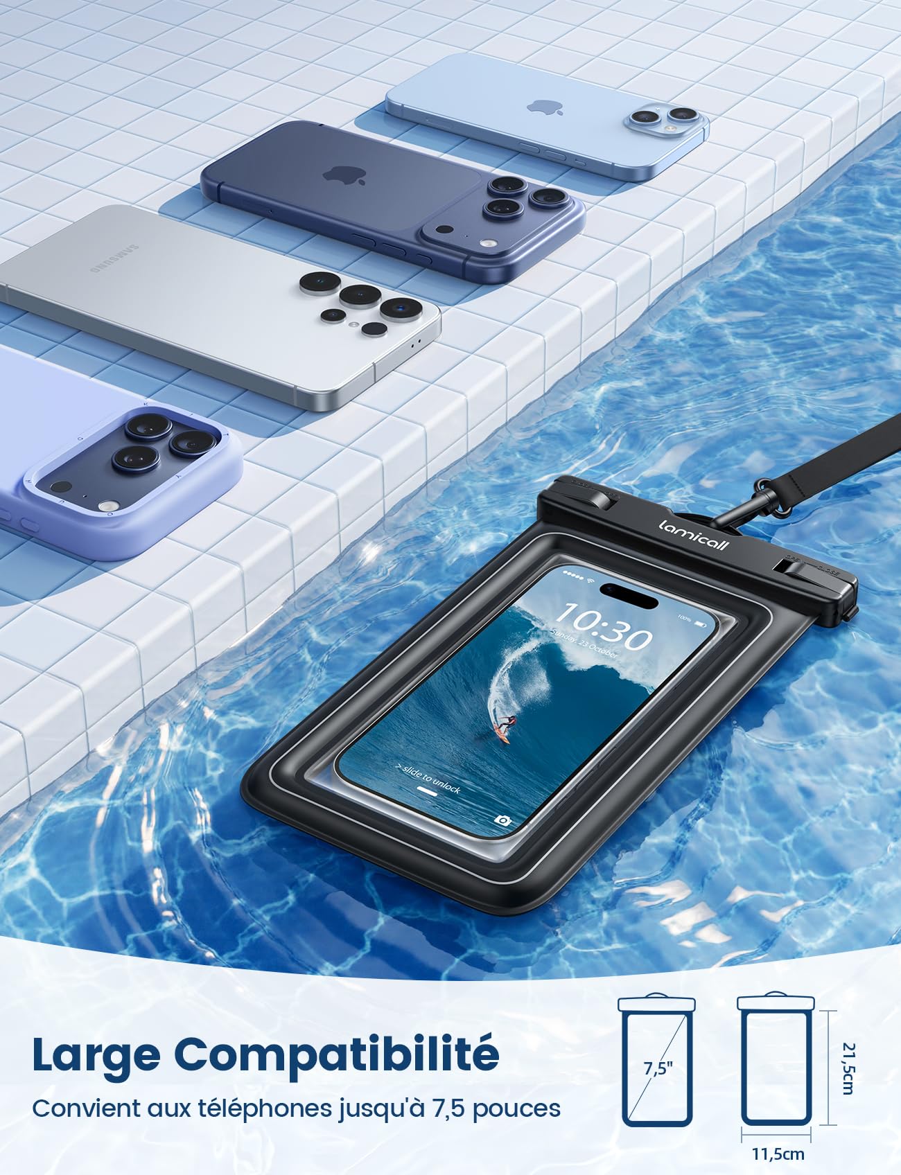 Lamicall Pochette Étanche Smartphone - [Flottabilité Supérieure] Lot de 2 IP68 Pochette Étanche Téléphone avec Cordon Réglable, HD Écran Tactile, Clip Sécurité, Sac Impermeable Universel jusqu'à 7,5"