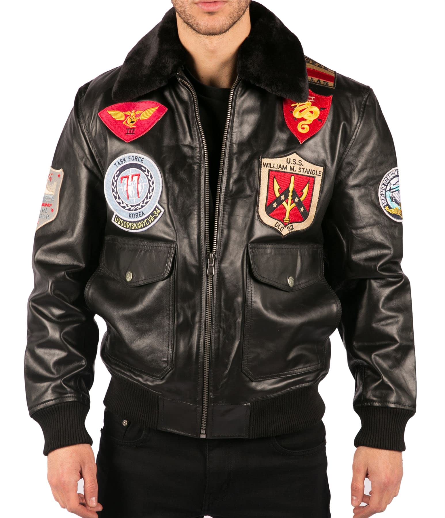 TruClothing Men's Bomber Jacket Outwear Windproof Winter US Aviator Air Force Pilot Flying Real Leather Jackets Coat - Black M
