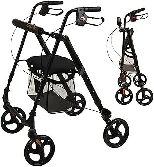 MobiQuip Aluminium Rollator, 4 Wheeled Walker with Seat and Storage Basket, Weighs Just 6.4kg Lightweight Folding Mobility Aid, Easy to Fold Walking Frame, for Elderly or Disability, Black