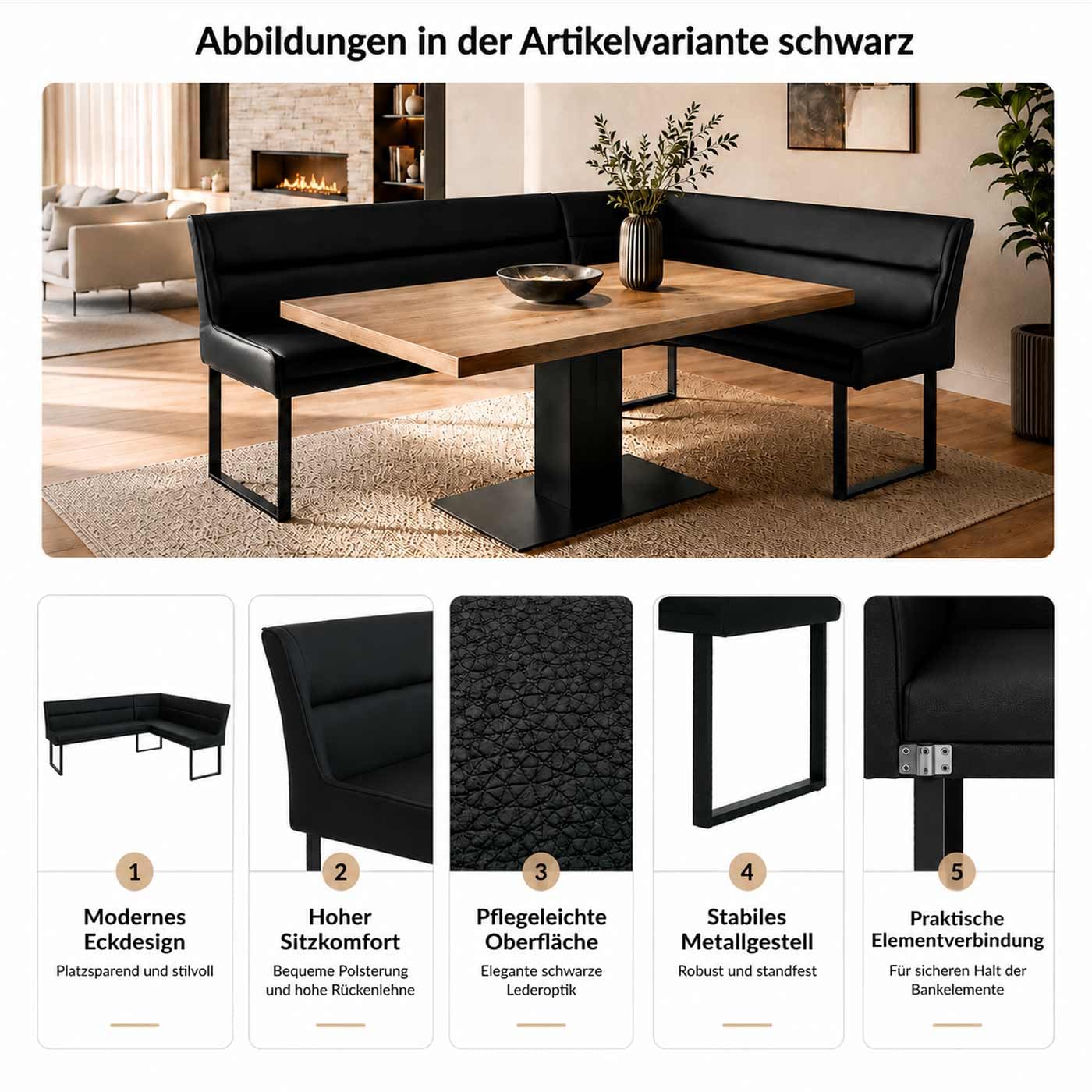 Eckbank HWC-O81, Esszimmerbank Bank, Kunstleder Metall 209x158cm - schwarz
