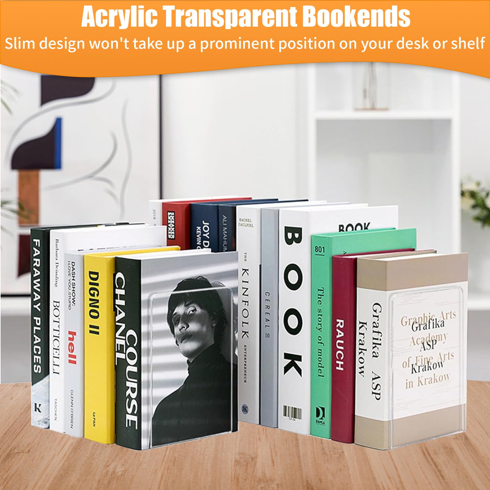 10pcs Bookends with Non-Slip Stickers, Clear Acrylic Book Ends for Shelves Heavy Duty Book Stopper, Desktop Organizer - Image 2